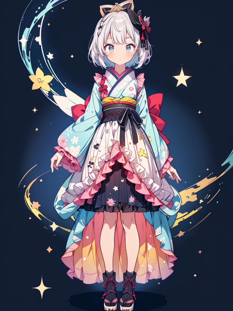 
g0thk1m0n0,highest quality、８K,handsome face、vtuber-fullbody、A picture of the front straight towards the viewer、Star Fairy、Full body front portrait、front、1girl,highest quality、masterpiece、official art、Super detailed、super beautiful、Cute Star Fairy、white hair straight short、Milky Way、universe、star charm、star、、Knee-high boots、Japanese pattern dress、A beautiful girl wearing black and white clothes that are a remake of a yukata.、Oiran frill dress reminiscent of universe、Colorful portraits