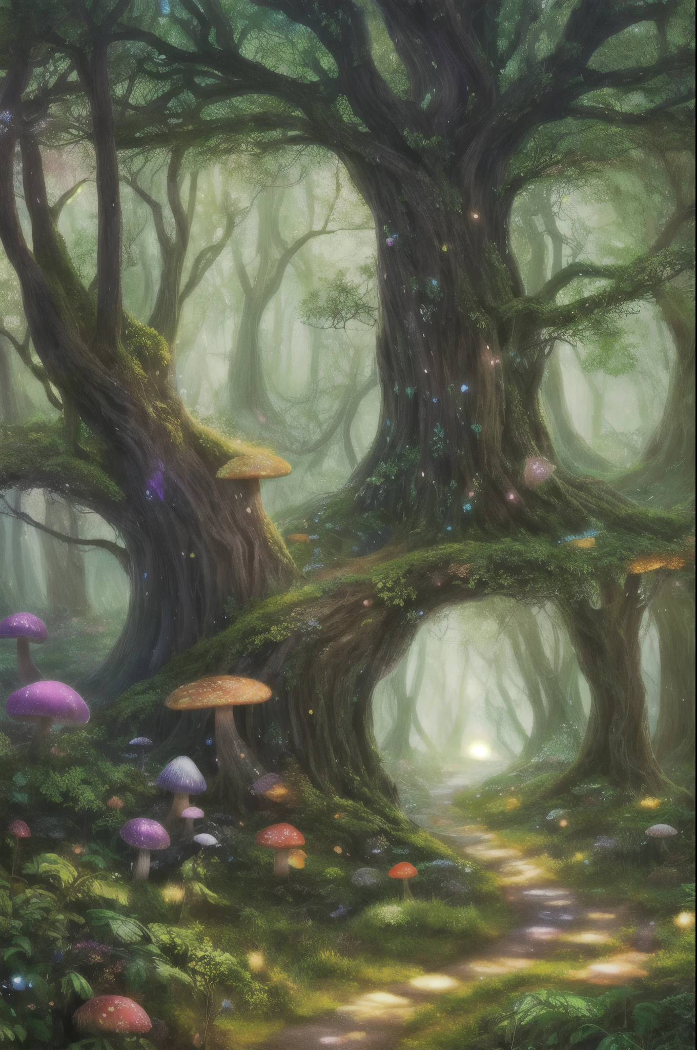 title: "Magical Forest: Masterpieces along the way"
In the fantastical world of digital illustrations, Masterpieces are born with ArtStation, Crafted by the skilled hands of Midjourney. This work of art transports us to a magical and dreamy forest., Full of fascinating beauty and complexity. Towering Tree々is decorated in pastel colors, The leaves sparkle in the dappled sunlight., Long Cast, Dramatic shadows on the forest floor.
Glowing mushrooms dot the landscape, Their glowing aura adds an otherworldly feel to this fantastical world.. hidden fairy valley