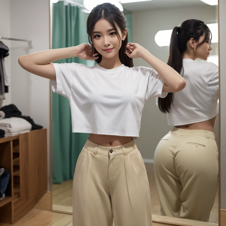 highest quality,Best image quality,Ultra-high resolution,8K,Hyperrealism,High saturation,Realistic,Photorealistic Stick,Accurate anatomy,Depth of written boundary,Japanese,20 year old beautiful girl,Beauty,Cute Smile,Serious expression,Long ponytail,Black Hair,Droopy eyes,B cup breasts,Slightly muscular waist,small butt,Rounded ass,Realistic Skin,Highly detailed face and skin texture,Glowing Skin,Height: 158cm,The whole body is visible,Hip Hop Dancer,dancing in front of the mirror,Random dance scene,Mirrored dance studio,(Oversized trousers:1.2),(Oversized T-shirt:1.2),(Oversized clothes:1.2),