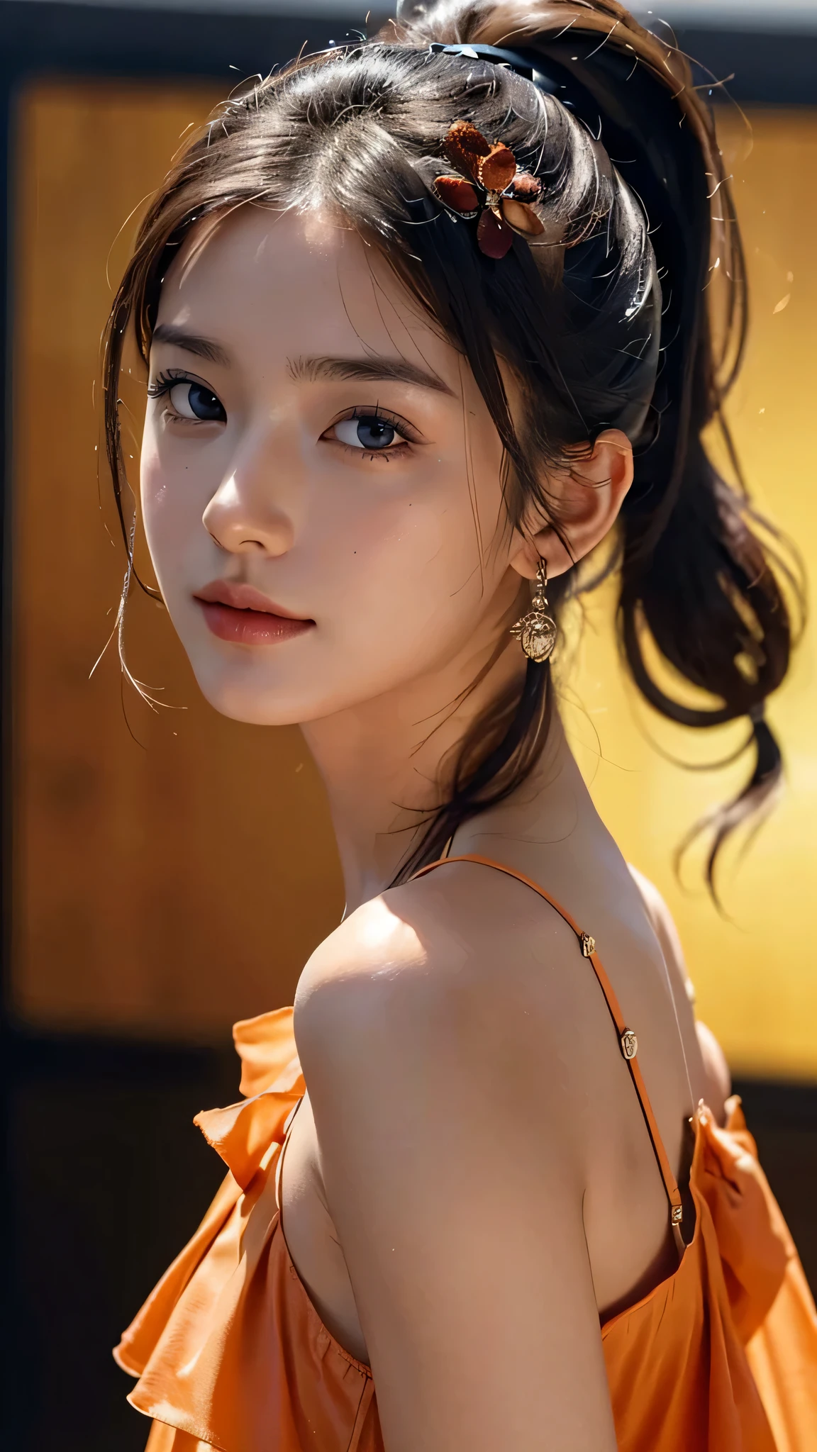 Spotlight on stage,close-up of face,One woman,fully body photo,masutepiece, The highest image quality, High quality, the background is clear,Beautiful woman, Japanese, Detailed, Detailed eyes, Detailed skin, Beautiful skin, 超hight resolution, (reality: 1.4),Very beautiful woman, Slightly younger face, Beautiful skin, slender, (Ultra photo realsisim), (hight resolution), (8K), (Very detailed) (beautifully detailed eyes), (super detailed), (Detailed face), view the viewer, Fine details, Detailed face, Staring straight ahead, Staring straight ahead, photos realistic, Bright lighting, Professional Lighting, Black hair,poneyTail,a baby face,sixteen years old,Hairstyle: ponytail,Long ponytail hairstyle,slight smile,Orange colored long dress with lots of ruffles, softly shaped skirt,