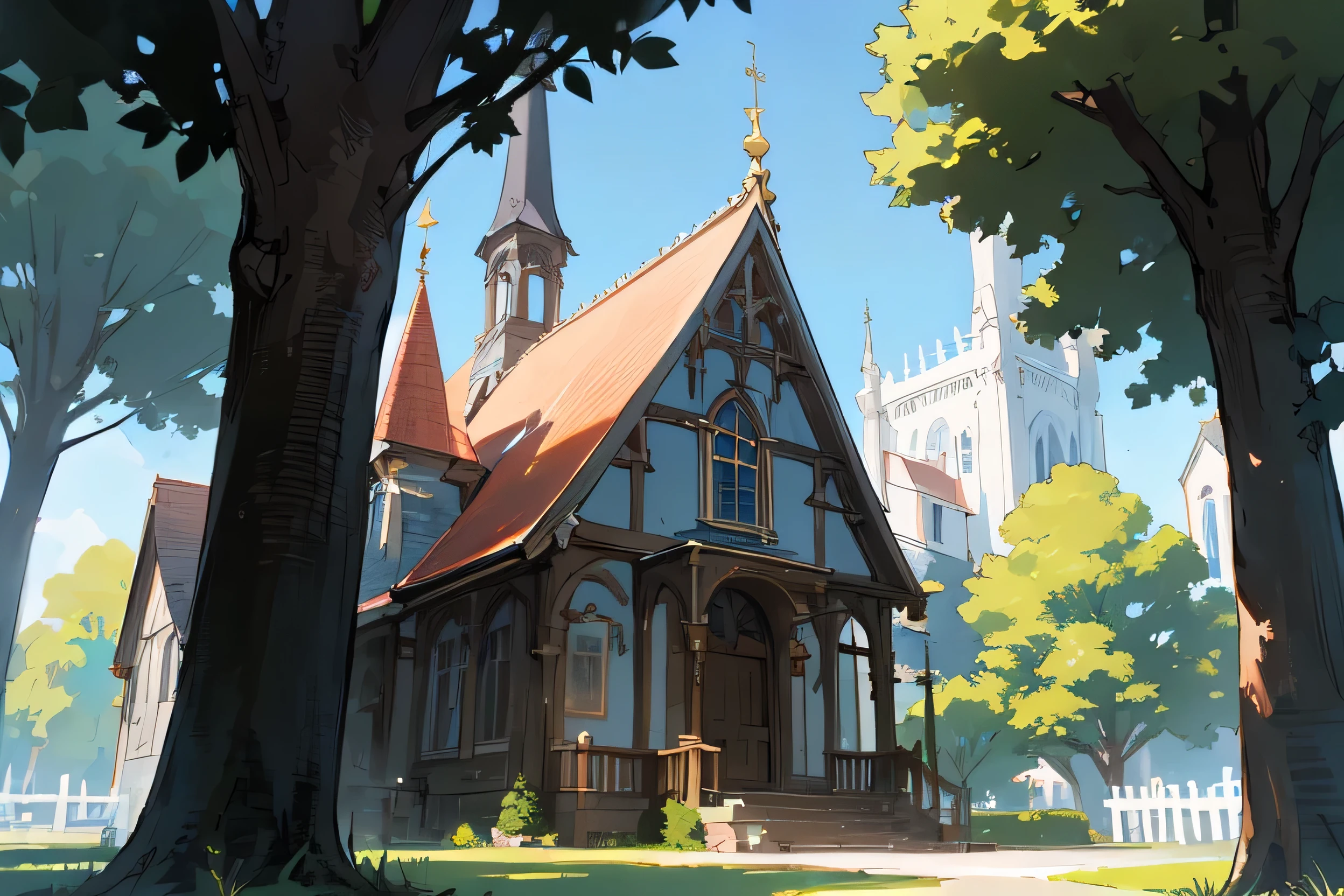 (best quality,ultra-detailed),outdoor chapel,old and historic,church between buildings,architectural beauty,serene atmosphere,sunlit,peaceful and calm,traditional craftsmanship,ornate details,quiet neighborhood,quiet gateway to spiritual refuge,harmony between nature and man-made structures,vibrant colors,classic and timeless,hidden gem. blue sky. city on the backgound