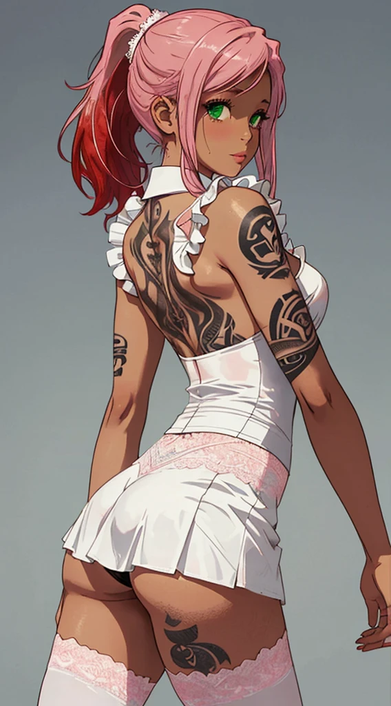 (very embarrassed, timid, active posture),(Appearance) - "young, ((black)), Japanese, green eyes, pink hair with red streaks, pulled back into a ponytail, Normal assembly, toned, firm breasts, round, hard ass, full arm tattoos, Tattoo on the thigh"
(cloth) - &quot;black and white maid uniform&quot;, figured neckline, not good, Short skirt, White transparent tights, thong (sexual, lace).
showed her ass
