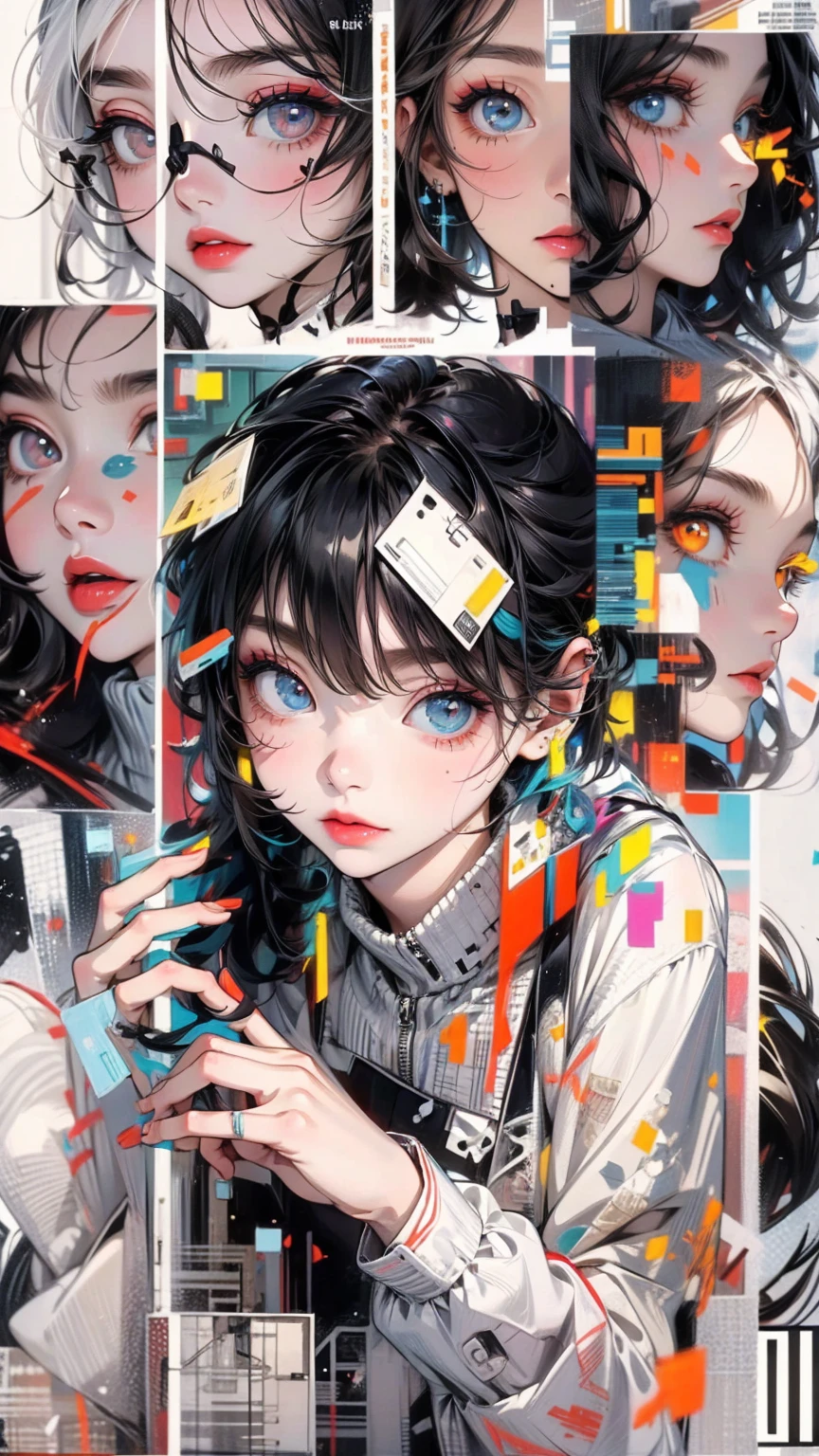 (masterpiece, High resolution, highest quality), Composition from head to thighs:1.3, Upper body focus, 20-year-old woman, Blank look, short hair, Avant-garde makeup, fashionable, Disorganized, Collage of creeping black hands, abstract design, artistic juxtapositions, High contrast, mixed-media approach, Anime Style, Simple lines, Digital Painting,