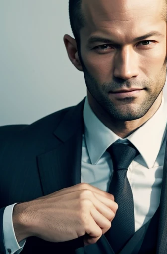 Japanese person who looks like Jason Statham, smiling, suit, Close-up of face, engineer