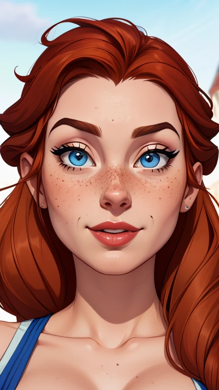 Beautiful portrait mode pose Cartoon character character in dynamic pose two women together with freckles on their faces Disney princess Queen Anna of Arendelle with 1,60cm on the left and along with a symmetrical body and beautiful breasts, corpo bem definido, delicado e sensual, estilo de desenho animado, digital illustration Portrait mode 