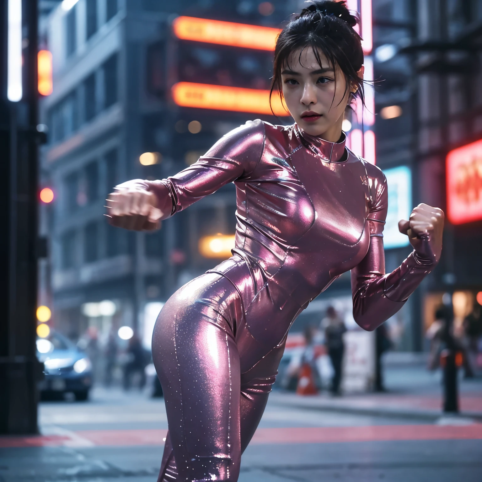 (highest quality、4k、8k、High resolution、masterpiece: 1.2)、Super detailed、(Real、Photorealistic、Photorealistic: 1.37)、SF、cyber punk、One beautiful young woman、very beautiful、Detailed eyes、Long eyelashes、Seductive Lips、A Nose that Shows Intelligence、Porcelain-like skin、Sweat、Bare-handed fighting、((Violently punch and kick:1.6))、Arms move quickly、Quick leg movementotion blur effect:1.55))、(Dynamic Pose)、Futuristic Fashion、Light pink metallic bodysuit:1.55、Cowboy Shot、Street Fight、Between buildings、Downtown at night、