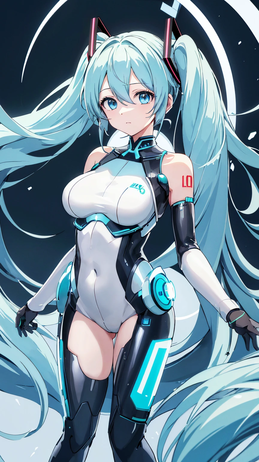 Hatsune Miku Vocaloid, Twin Tails, Light Blue Eyes, Light Blue Hair, Pichi Pichi Bodysuit, Cyber punk, Ultimate Physical Beauty, Beautiful Eyes, Big Breasts, 8K CG, Top Quality, Best Image Quality,