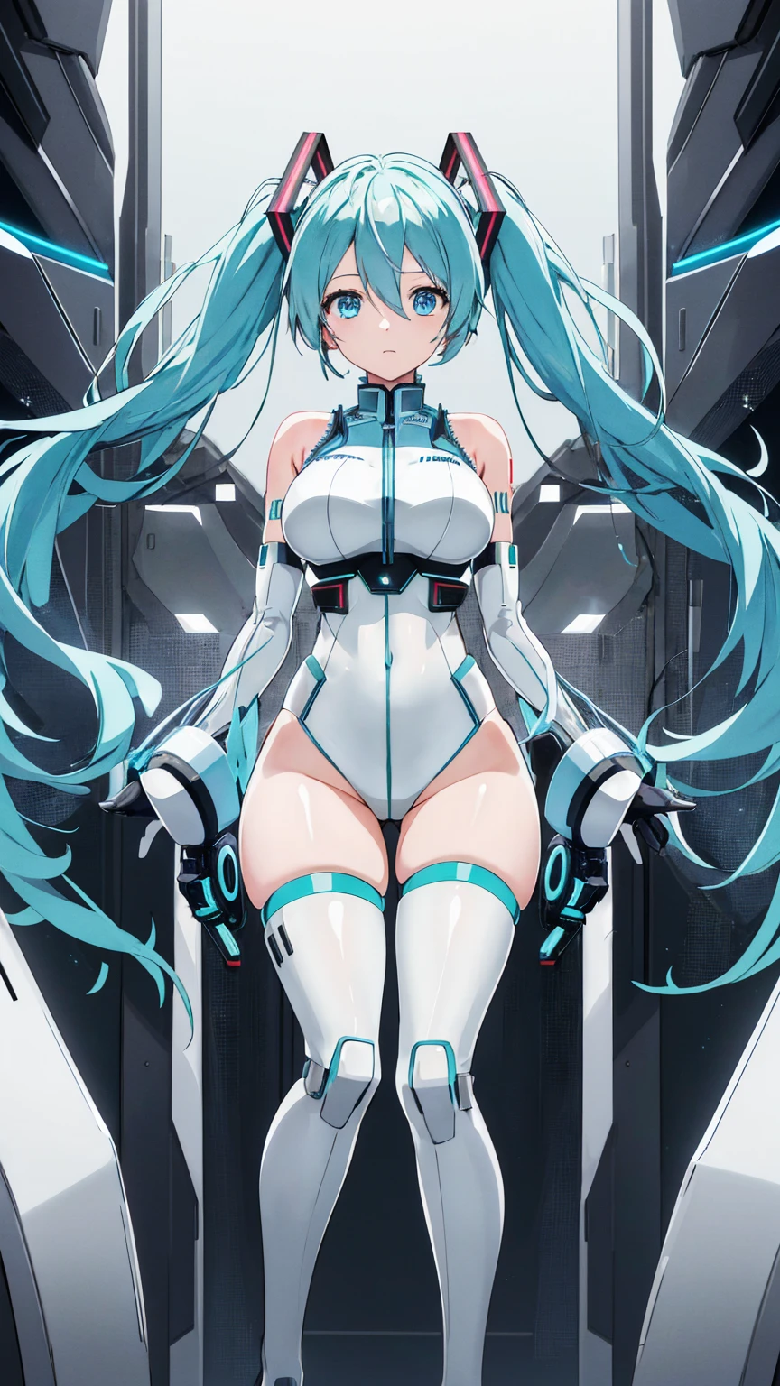 Hatsune Miku Vocaloid, Twin tails, Bright Blue Eyes, Light blue hair, Pichi Pichi body suit, cyber punk, Mecha Girl, High heels, Noise Reduction, Ultimate Physical Beauty, Beautiful Eyes, Embarrassed look , ((Big Breasts)), Tabletop、Exquisite design、Visual Arts、Concept Artist、Five Fingers, Perfect body, {{{masterpiece}}}, {{{Highest quality}}}, {{Very detailed}}, {shape}, {{Very delicate and beautiful}},Improved cost performance、All Roles、Canon 5D MK4でphotograph、photograph, 8k CG, Highest quality, Best image quality,
