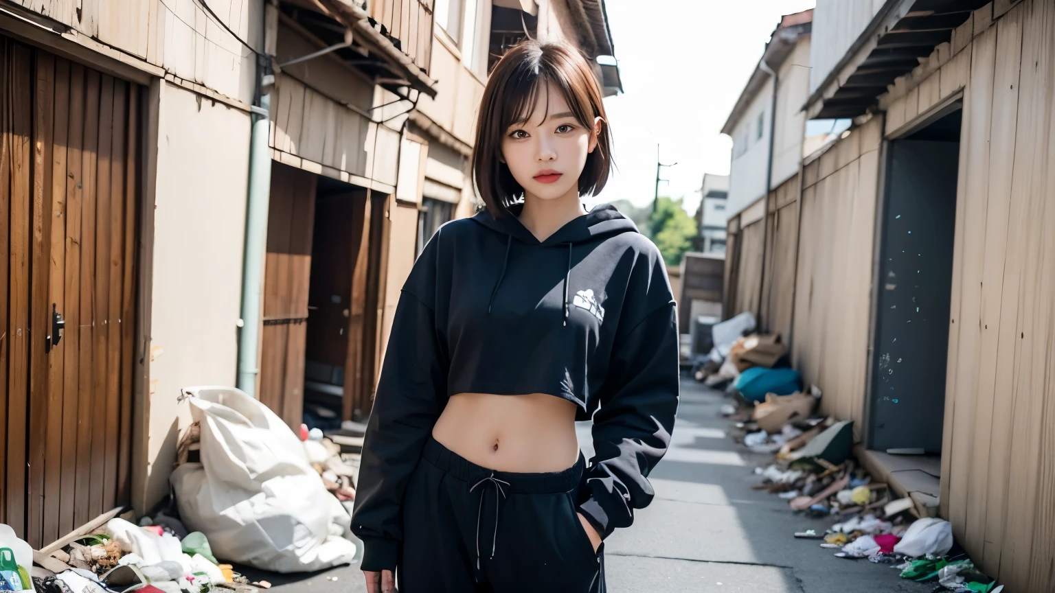 18-year-old,Korean women,((((Back alley wall,Standing in front of a wall)))),Dancer on the road,(((Dirty neon street at night))),(((Facing forward))),(((Frowning,カメラをGlaring))),(Very fine eye), (((Wearing a long black hoodie,Wearing baggy pants))),(((Collapsing Building))),(((old buildings))),((photograph)),((A woman near a garbage dump)),(((Fabric Shading))), (((highest quality))), (((masterpiece))) strong girl, ((((Realistic)))), I have a card,Black Hair, chic hairstyle, ((With bangs,Straight medium bob cut, nice hair)), Light makeup,Red eyes, (((I'm not wearing lipstick))), (nice, strong), (((Strong night atmosphere))), Centered Images, Looking at the camera, Elegant colors,Realistic Skin,Realistic texture,8k,whole body,Pale skin, (((Dirty garbage dump))),A huge amount of trash,Red iris,Expressionless,Glaring,Perfect Face,(((Big eyes))),She is wearing wide black baggy pants,Mouth closed, portrait of aespaのウィンター,She is wearing black streetwear, Woman in black streetwear, 黒いハイテクな服を着た女性のphotograph, Girl wearing black hoodie, Cyberpunk Streetwear, Cyberpunk Streetwear street fashion e-girl,