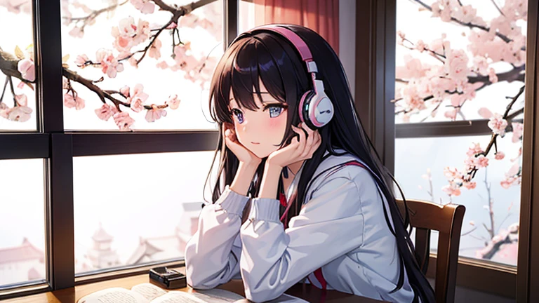 Beautiful girl studying in her room while listening to music with headphones Warm lighting Outside the room, cherry blossoms are blowing wildly Japanese anime style Full moon night