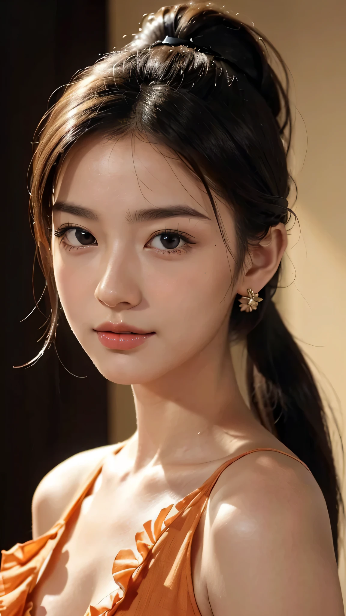 Spotlight on stage,close-up of face,One woman,fully body photo,masutepiece, The highest image quality, High quality, the background is clear,Beautiful woman, Japanese, Detailed, Detailed eyes, Detailed skin, Beautiful skin, 超hight resolution, (reality: 1.4),Very beautiful woman, Slightly younger face, Beautiful skin, slender, (Ultra photo realsisim), (hight resolution), (8K), (Very detailed) (beautifully detailed eyes), (super detailed), (Detailed face), view the viewer, Fine details, Detailed face, Staring straight ahead, Staring straight ahead, photos realistic, Bright lighting, Professional Lighting, Black hair,poneyTail,a baby face,sixteen years old,Hairstyle: ponytail,Long ponytail hairstyle,slight smile,Orange colored long dress with lots of ruffles, softly shaped skirt,
