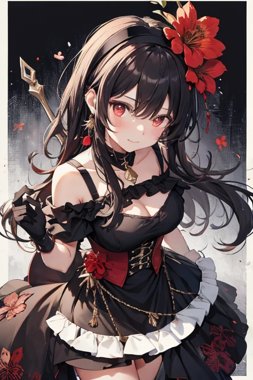 yor briar, anime style beutiful woman, 1girl, happy, smile, red face, closed mouth, beautiful detailed eyes, super detailed skin, backlighting, bare shoulders, black background, black dress, black gloves, black hair, breasts, dress, earrings, fingerless gloves, floating hair, floral print, flower, gloves, gold earrings, gold hairband, hair flower, hair ornament, hairband, holding, holding weapon, jewelry, large breasts, long hair, looking at viewer, off-shoulder dress, off shoulder,red eyes, short hair with long locks, sidelocks, solo, spikes, thighs, two-sided dress, two-sided fabric, weapon, fighting stance , face, close up, from above, highest quality, high resolution.