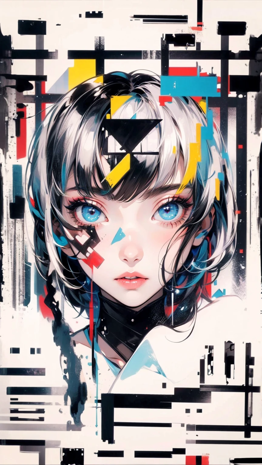 (masterpiece, High resolution, highest quality), Composition from head to thighs:1.3, Upper body focus, 20-year-old woman, Blank look, short hair, Avant-garde makeup, fashionable, Disorganized, Collage of creeping black hands, abstract design, artistic juxtapositions, High contrast, mixed-media approach, Anime Style, Simple lines, Digital Painting,