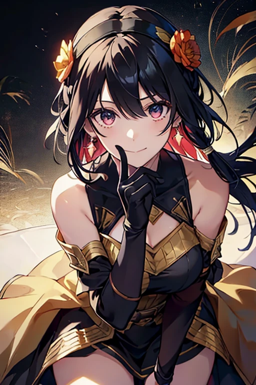 yor briar, anime style beutiful woman, 1girl, happy, smile, red face, closed mouth, beautiful detailed eyes, super detailed skin, backlighting, bare shoulders, black background, black dress, black gloves, black hair, breasts, dress, earrings, fingerless gloves, floating hair, floral print, flower, gloves, gold earrings, gold hairband, hair flower, hair ornament, hairband, holding, holding weapon, jewelry, large breasts, long hair, looking at viewer, off-shoulder dress, off shoulder,red eyes, short hair with long locks, sidelocks, solo, spikes, thighs, two-sided dress, two-sided fabric, weapon, fighting stance , face, close up, from above, highest quality, high resolution.