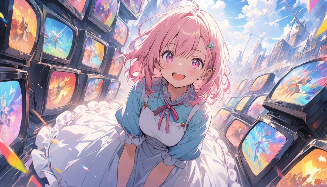 anime style, super fine illustration, highly detailed, dynamic angle, beautiful detailed, 8k, In front of numerous cathode-ray tube televisions, BREAK various programs are being broadcasted. A woman gazes at them, BREAK smiling amidst the colorful scenes.(highest quality、masterpiece、High resolution、detailed)animeスタイル、flat style、(Shining Eyes、detailed美しい顔),  BREAK,Dynamic Angles、anime