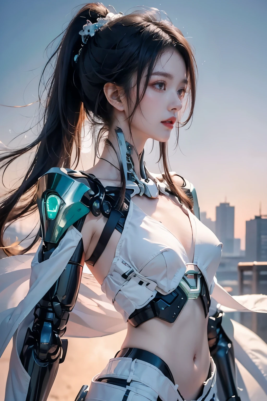tmasterpiece,Best quality at best,A high resolution,16K,(portrait),(Close up of avatar),(RAW photogr),real photograph,digital photography,(cyberpunk queen),-yeld gilong ponytail hairstyle,By bangs,(pink and silver gradient hair),(Glowing emerald green eyes),Devil Eyes,Serious and charming,lightning glowing electronic components,silver wires and tubes connect the body,Complex light blue electronic texture,Weird technology symbols,Black round forehead symbol,Luxurious mechanical crown,Keep your mouth shut,(The chest is covered with a thin piece of cotton fabric that conveys the soft texture of a real human breast.),Photo pose,cyber punk perssonage,Future Style,Dawn Background,Shoulder exposed,Navel exposed,Flat Chest,Small breasts,Small breasts,Small waist,Small Ass,Thin legs,Leaner figure,Slim figure,Glowing blue eyes,Confidence,Thin, sharp, and bold, upturned eyes,The background is a futuristic city,Beautiful city background at sunrise,The skin is exposed on the shoulders.,The skin on the neck is exposed,The shoulders have exposed skin.,The skin on the neck is exposed,The light of the sunrise brightens my face,The neck is exposed and not covered by the suit,Her belly button is also exposed and not covered by the suit.,small waist width,The butt is very small,The legs are very thin,Both legs are thin,Chest shakes,breasts are small,Healthy reddish skin tone,Angel Fairy,The night has broken and the blue sky is spreading out in the distance,The background is a bright morning and blue sky,
