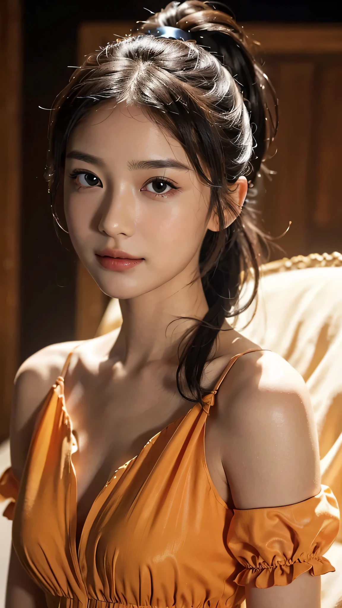 Spotlight on stage,close-up of face,One woman,fully body photo,masutepiece, The highest image quality, High quality, the background is clear,Beautiful woman, Japanese, Detailed, Detailed eyes, Detailed skin, Beautiful skin, 超hight resolution, (reality: 1.4),Very beautiful woman, Slightly younger face, Beautiful skin, slender, (Ultra photo realsisim), (hight resolution), (8K), (Very detailed) (beautifully detailed eyes), (super detailed), (Detailed face), view the viewer, Fine details, Detailed face, Staring straight ahead, Staring straight ahead, photos realistic, Bright lighting, Professional Lighting, Black hair,poneyTail,a baby face,sixteen years old,Hairstyle: ponytail,Long ponytail hairstyle,slight smile,Orange colored long dress with lots of ruffles, softly shaped skirt,