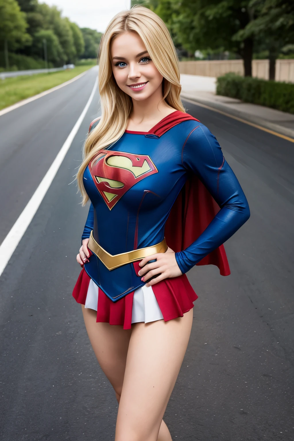 Cute American Woman、Blonde Hair、Green Eyes、smile、Sexy body、Supergirl、put your hands on your hips、In the middle of the road