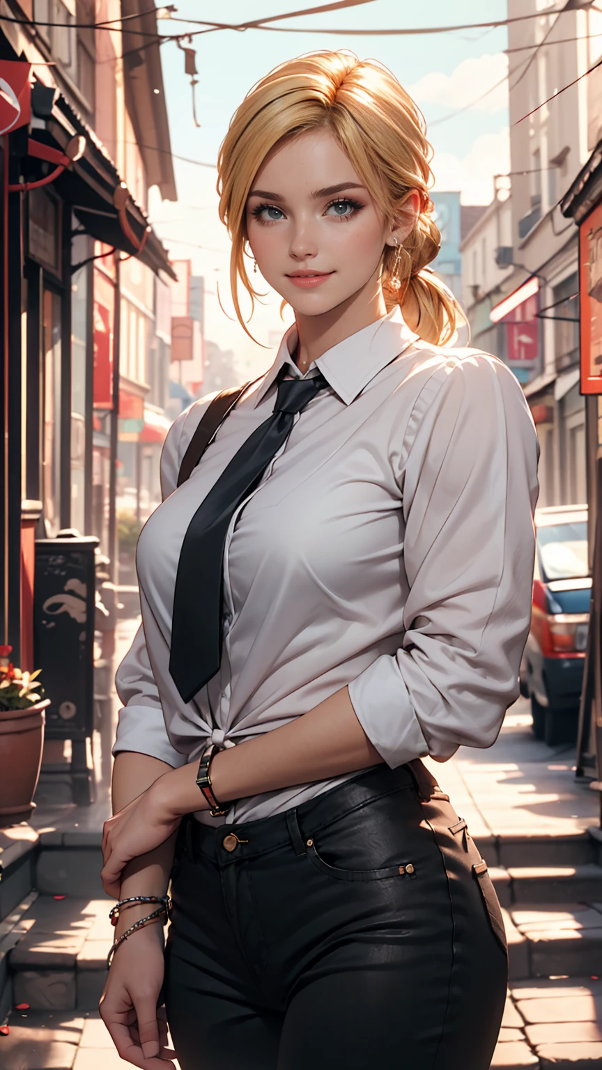 ((最high quality, 8K, masterpiece: 1.3, Ultra HD, high quality, 最high quality, High resolution, realism)) 、A 22-year-old extremely beautiful white woman、Hair color blonde、blue eyeedium Hair、Straight Hair、smile、A voluptuous figure with a tight waist and developed bust and hips、Background blur((depth of field))、Aerial perspective((atmospheric perspective))、I want my head to stay off screen、Put an anklet on your ankle、Wearing red nail polish、I have a peticure、Tie-front shirt((tie front shirt))Wear a top from、Harlem Pants((harem pants))Wear、サンダルWear、Cross one's arms、smile、Braided ponytail((braided ponytail))、Halfway down the stone steps in the old town