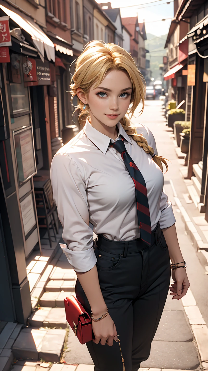 ((最high quality, 8K, masterpiece: 1.3, Ultra HD, high quality, 最high quality, High resolution, realism)) 、A 22-year-old extremely beautiful white woman、Hair color blonde、blue eyeedium Hair、Straight Hair、smile、A voluptuous figure with a tight waist and developed bust and hips、Background blur((depth of field))、Aerial perspective((atmospheric perspective))、I want my head to stay off screen、Put an anklet on your ankle、Wearing red nail polish、I have a peticure、Tie-front shirt((tie front shirt))Wear a top from、Harlem Pants((harem pants))Wear、サンダルWear、Cross one's arms、smile、Braided ponytail((braided ponytail))、Halfway down the stone steps in the old town