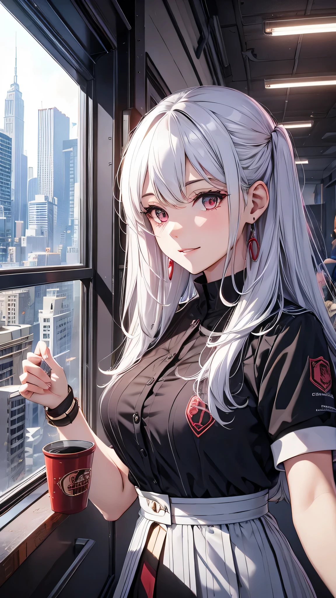 最high quality、Best image quality、masterpiece、girl((18-year-old、 By becoming、Best Bust、Medium Bust,Wide open breast tea、red glowing eyes,Silver Hair、Disheveled Hair、Long Hair、thin,The highest valley、Open chest、White wristband、smile、hair ornamentany accessories、white see-through shirt、gal style)),high quality、Beautiful art、background((Stylish office district))、Flight、Flying debris、Written boundary depth、movie、Visual Arts、Perfect art、8K,Genuine、
