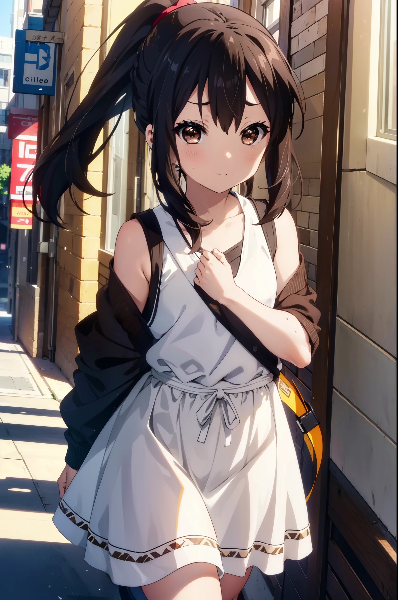 azusanakano, Azusa Nakano, Black Hair, (Brown eyes:1.5), Long Hair, smile,blush,ponytail,Short braided hair,yellow headband ,Long skirt integrated dress,Bare neck,bare clavicle,Bare shoulders,Cute Sandals,Daytime,Clear skies、
break indoors, In town,Building district,City Street,
break looking at viewer, (Cowboy Shot:1.5),
break (masterpiece:1.2), highest quality, High resolution, unity 8k wallpaper, (figure:0.8), (Beautiful fine details:1.6), Highly detailed face, Perfect lighting, Highly detailed CG, (Perfect hands, Perfect Anatomy),