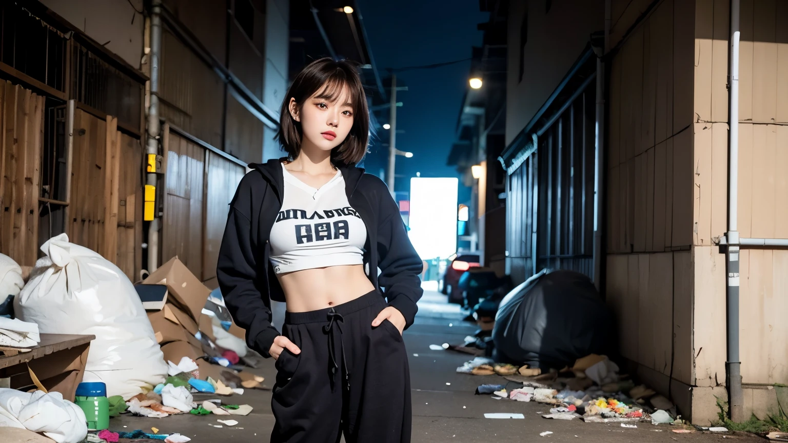 18-year-old,Korean women,((((Back alley wall,Standing in front of a wall)))),Dancer on the road,(((Dirty neon street at night))),(((Facing forward))),(((Frowning,カメラをGlaring))),(Very fine eye), (((Wearing a long black hoodie,Wearing baggy pants))),(((Collapsing Building))),(((old buildings))),((photograph)),((A woman near a garbage dump)),(((Fabric Shading))), (((highest quality))), (((masterpiece))) strong girl, ((((Realistic)))), I have a card,Black Hair, chic hairstyle, ((With bangs,Straight medium bob cut, nice hair)), Light makeup,Red eyes, (((I'm not wearing lipstick))), (nice, strong), (((Strong night atmosphere))), Centered Images, Looking at the camera, Elegant colors,Realistic Skin,Realistic texture,8k,whole body,Pale skin, (((Dirty garbage dump))),A huge amount of trash,Red iris,Expressionless,Glaring,Perfect Face,(((Big eyes))),She is wearing wide black baggy pants,Mouth closed, portrait of aespaのウィンター,She is wearing black streetwear, Woman in black streetwear, 黒いハイテクな服を着た女性のphotograph, Girl wearing black hoodie, Cyberpunk Streetwear, Cyberpunk Streetwear street fashion e-girl,