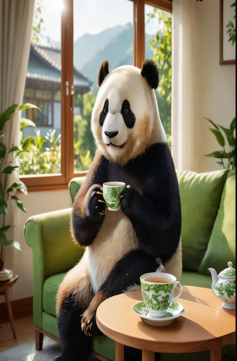 (panda,portrait,adorable,tea cup:1.1,relaxed pose,indoors,luxurious,cuddly,soft fur,comfortable couch:(best quality),giant panda,close-up:0.9,delicate features:1.1,peaceful,black and white:panda,professional photography,gentle expression:1.1,refined lighting,meticulously detailed:1.1,high resolution:1.2,Netflix series:1.1,popular:1.1,pixel art,Robert Mr. is enjoying a cup of fresh tea,drinking tea:1.1,Polaroid-like aesthetics,retro atmosphere)