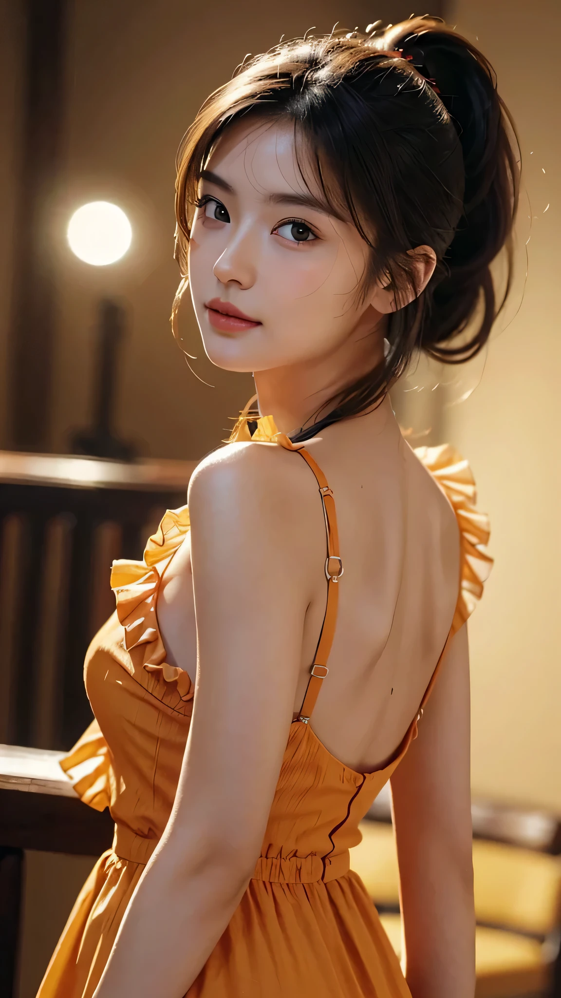 masterpiece, best quality:1.1), (8k, raw photo, photo realistic:1.2, f22), (shiny skin), detailed skin,half up chignon,ribbon,detailed face, detailed eyes,smile,BREAK, real world, intricate details, smil, BREAK, 1girl, full body,(orange,long sleeve,ribbon,back),BREAK, (curtain:1.4)