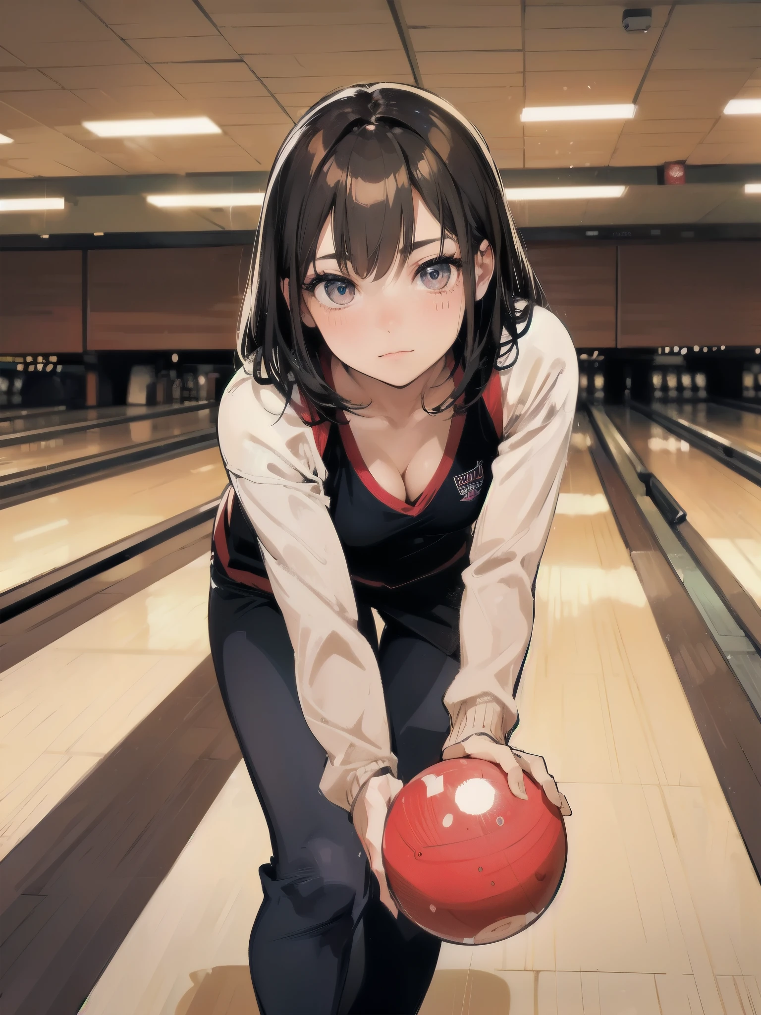 high quality,HD,16k,sharp lines,1 girl,Female bowling athlete ,cute face, large breasts, nice legs,At the bowling venue,focus girl,detailed beautiful face,detailed clothes,beautiful eyes,cool,dynamic angle