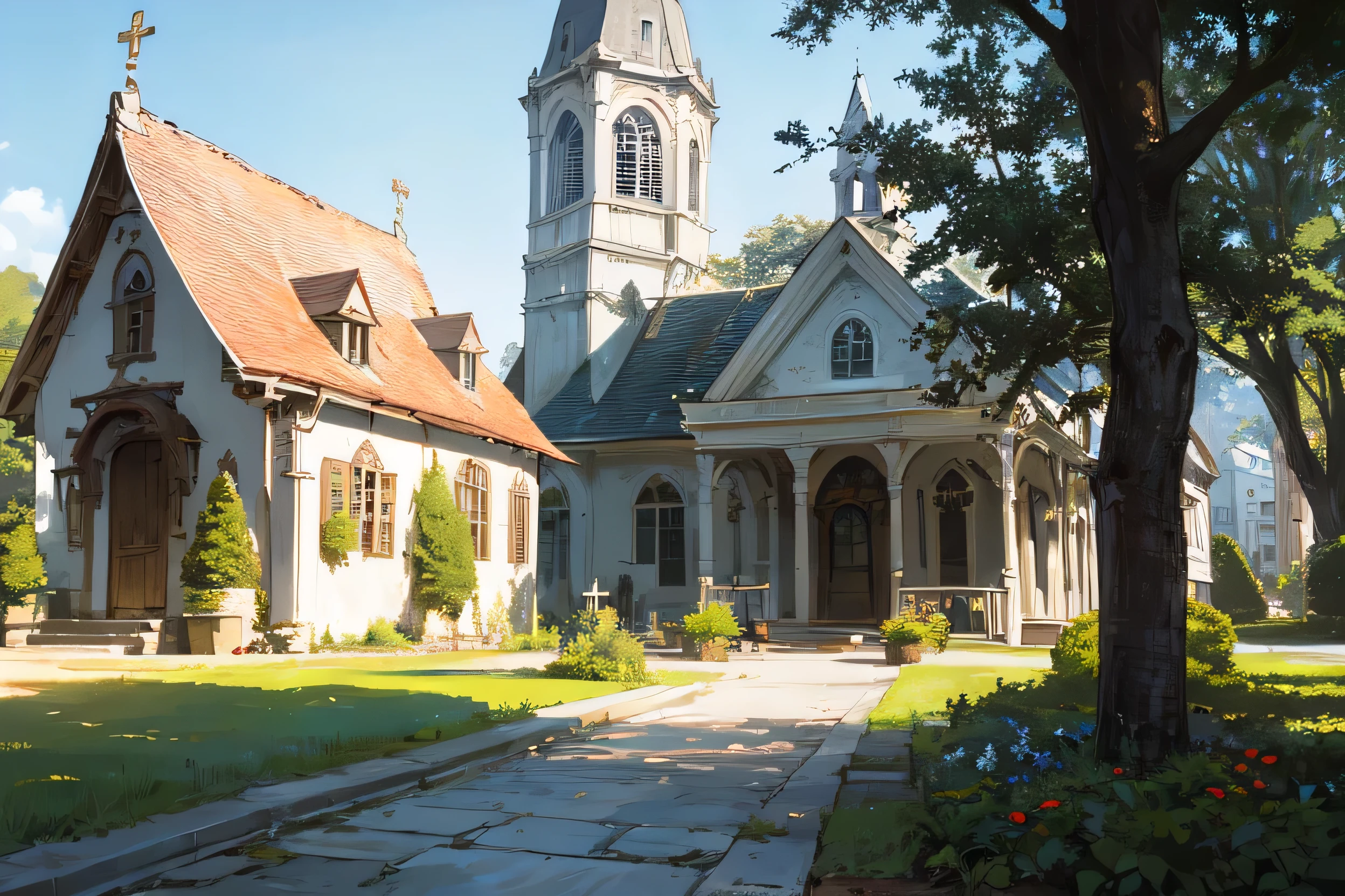 (best quality,ultra-detailed),outdoor chapel,old and historic,church between buildings,architectural beauty,serene atmosphere,sunlit,peaceful and calm,traditional craftsmanship,ornate details,quiet neighborhood,quiet gateway to spiritual refuge,harmony between nature and man-made structures,vibrant colors,classic and timeless,hidden gem. blue sky. city on the backgound