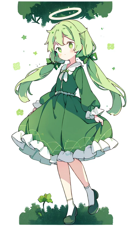 Expressionless face，Anime Style，profile，White background，Green Hair，ribbon，One girl，Bright green eyes，uniform，Long twin tails，Gorgeous Dress， Full Body Lesbian，Adorable， skirt，clavicle，long sleeves，Frills，halo，hair bow, empty eyes, smile