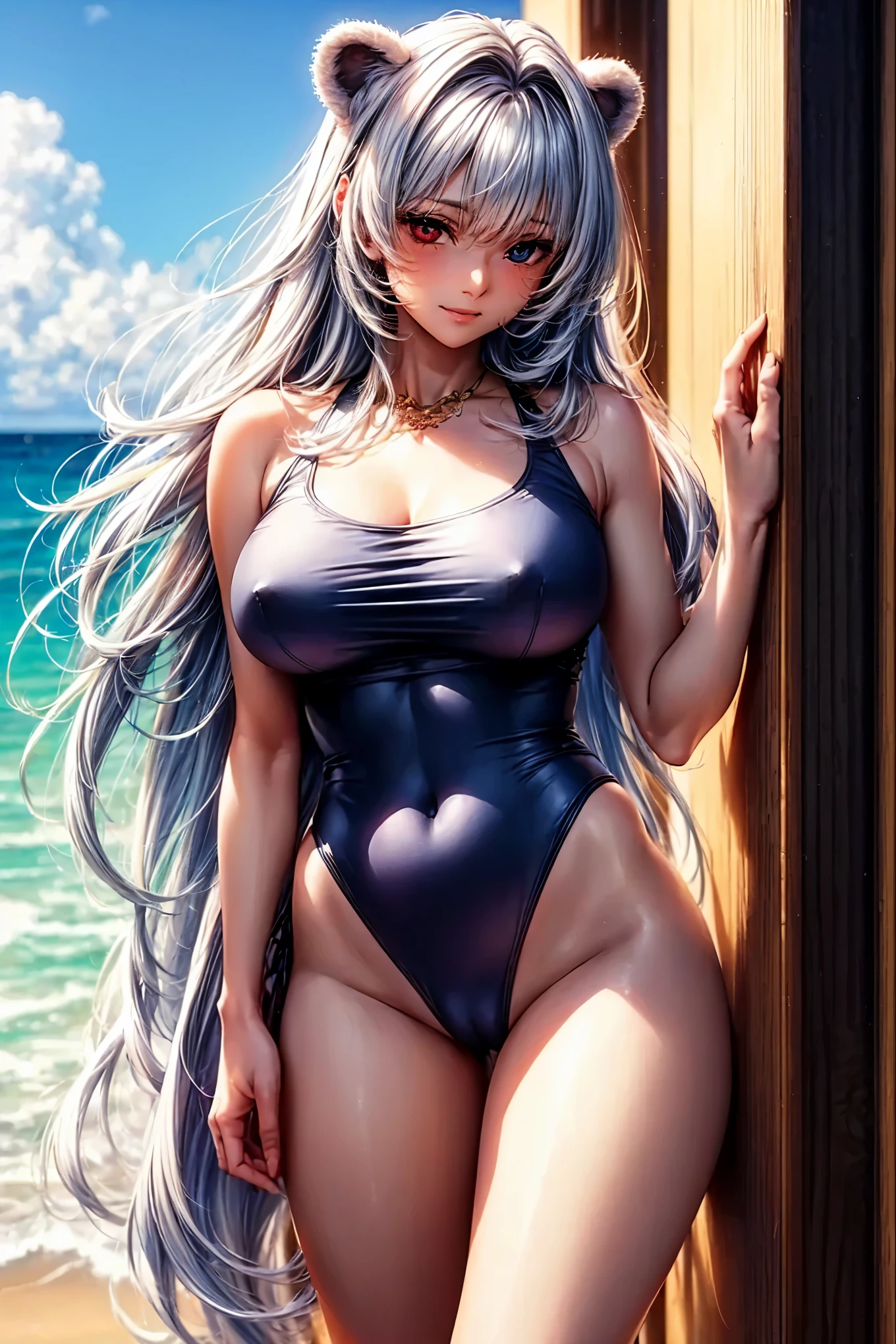 top-quality、tmasterpiece、Very high resolution、super high image quality、High-quality pixels)、perfect eyes, perfect face, solo，8K, large breast，(Detailed description of hair), (Detailed description of face),(Detailed description of body), fair and clear skin, matchless beauty, long legged, (30 years old)，facing the audience, professional photographic lighting，detailed light red eyeballs and blue eyeballs, silver hair，heterochromia, cowbody shot，very long hair，bangs，tight swimsuit，ssmile，blue sky，beach，multicolor hair，blue and red slices of hair，white bear ears，tall and strong body, mature face