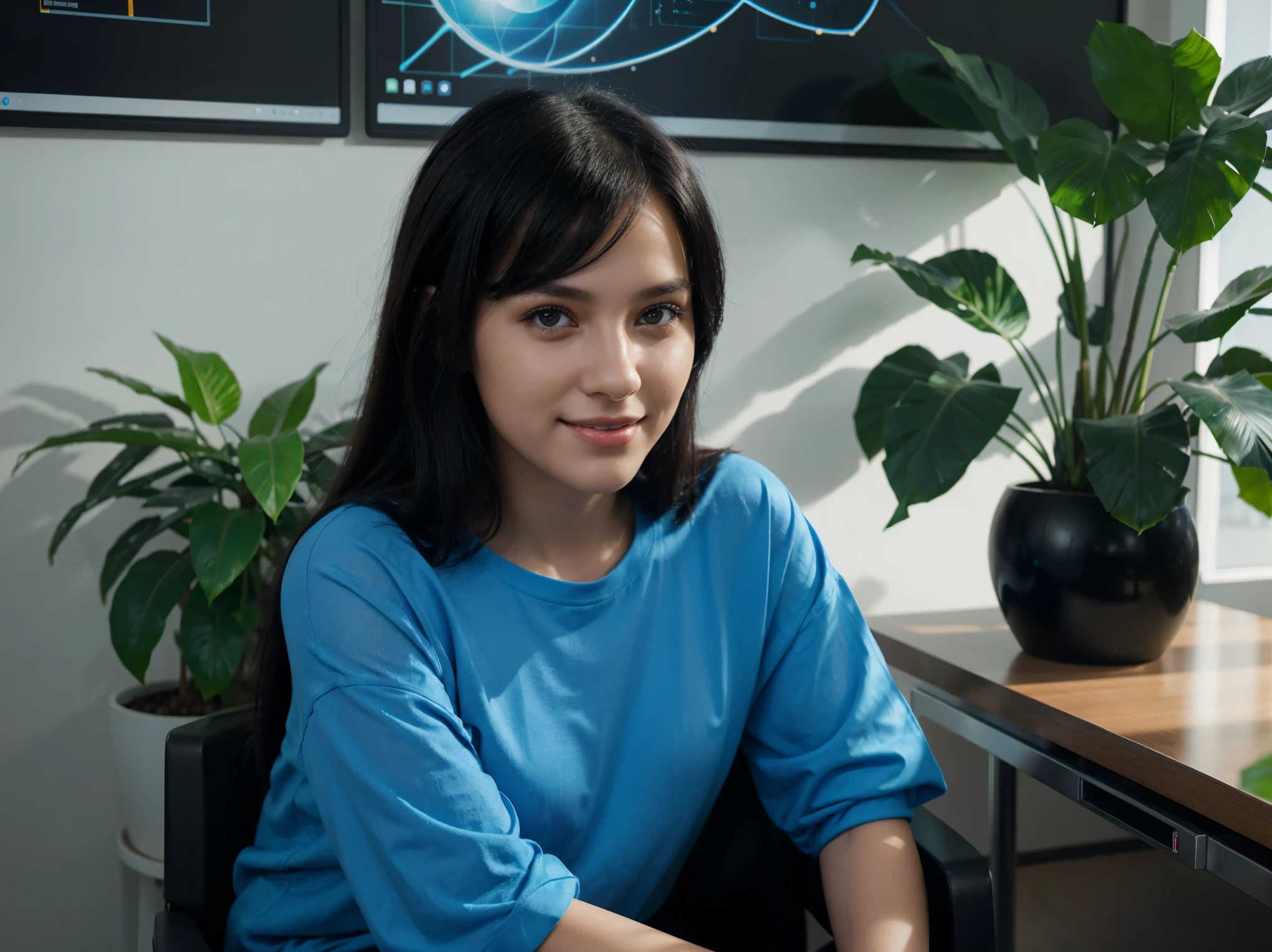 a young woman with a beautiful face, black hair, wearing a blue shirt, Smilling on camera, sitting on the chair, plant background, learning to use a hologram computer with a robot. artificial intelligence concept 3d rendering