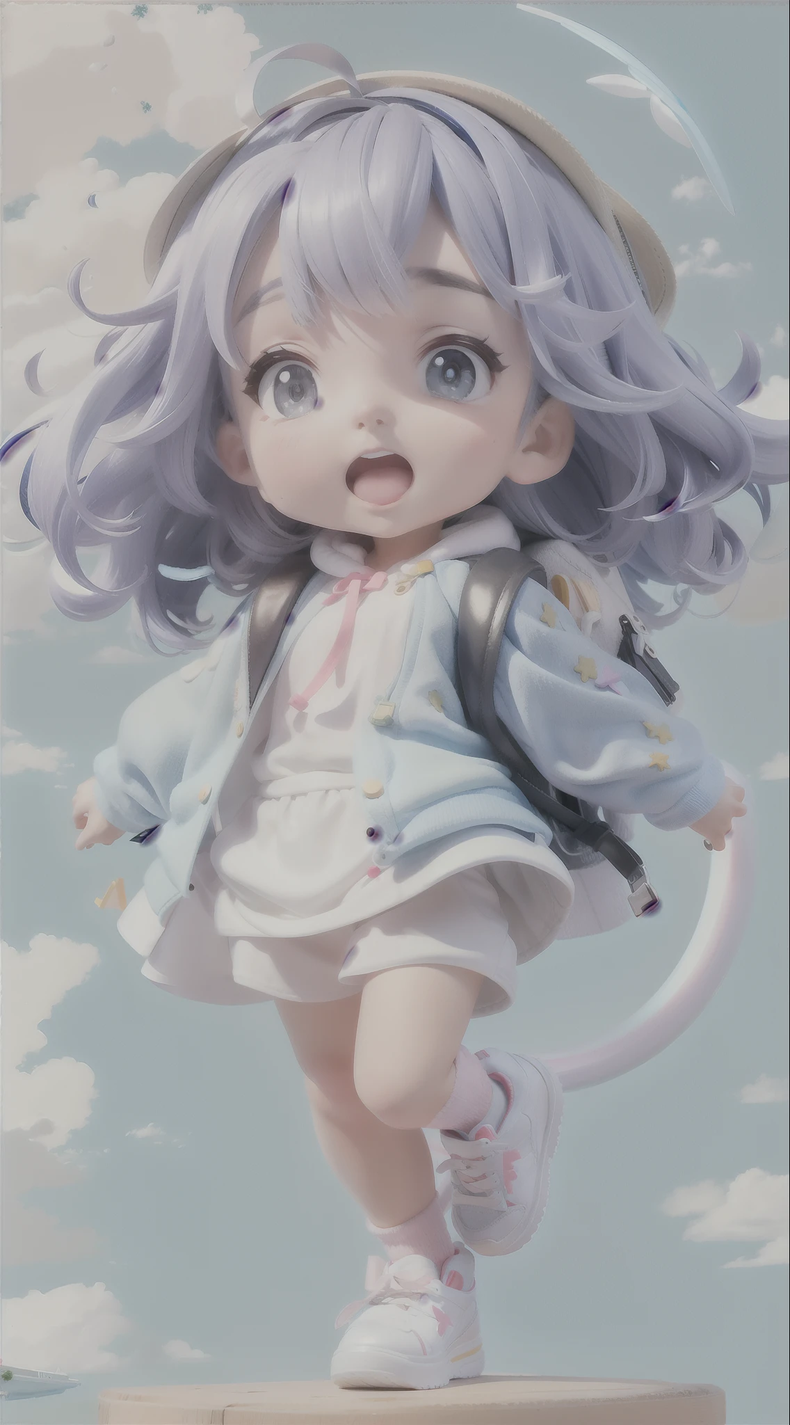 （wind：cartoon， Soft light blue）One was wearing white shoes、Little Lolita girl in sweatshirt，carrying white backpack，Black hair