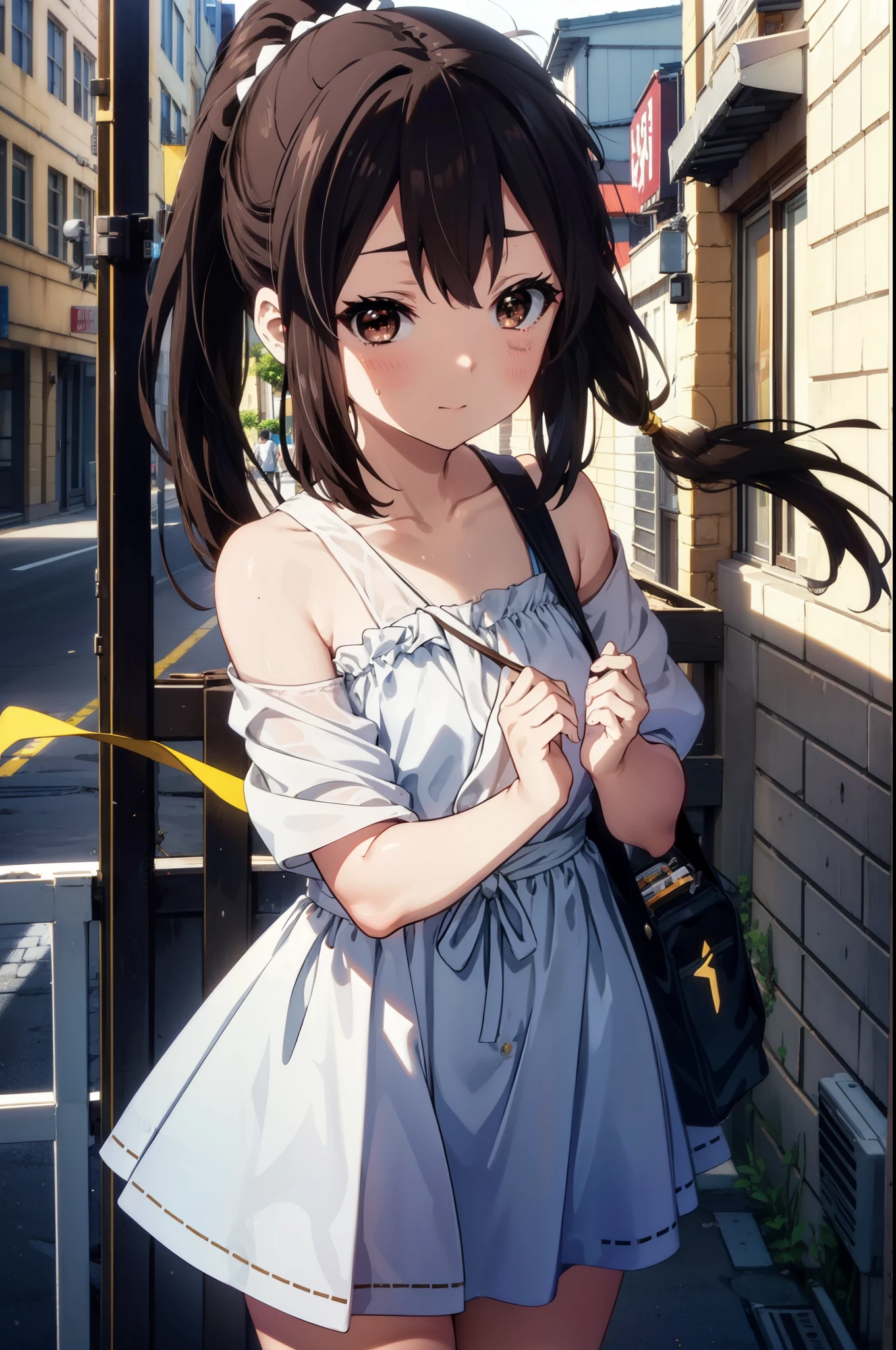 chizuruichinosepopochichi, chizuru ichinose popochichi, long hair, brown hair, (brown eyes:1.7), (one side up:1.5), bangs, braid, hair braid,
BREAK bare shoulders, dress, strapless dress, strapless, short sleeves, blue dress, skirt, blue skirt,
BREAK outdoors, city,
BREAK looking at viewer, (cowboy shot:1.5),
BREAK (masterpiece:1.2), best quality, high resolution, unity 8k wallpaper, (illustration:0.8), (beautiful detailed eyes:1.6), extremely detailed face, perfect lighting, extremely detailed CG, (perfect hands, perfect anatomy),(white panties:1.5), (skrit lift:1.5), standing, small breasts, (short, tiny, little:1.5), blush, embarrassed,from below, cowboy shot, dutch angle