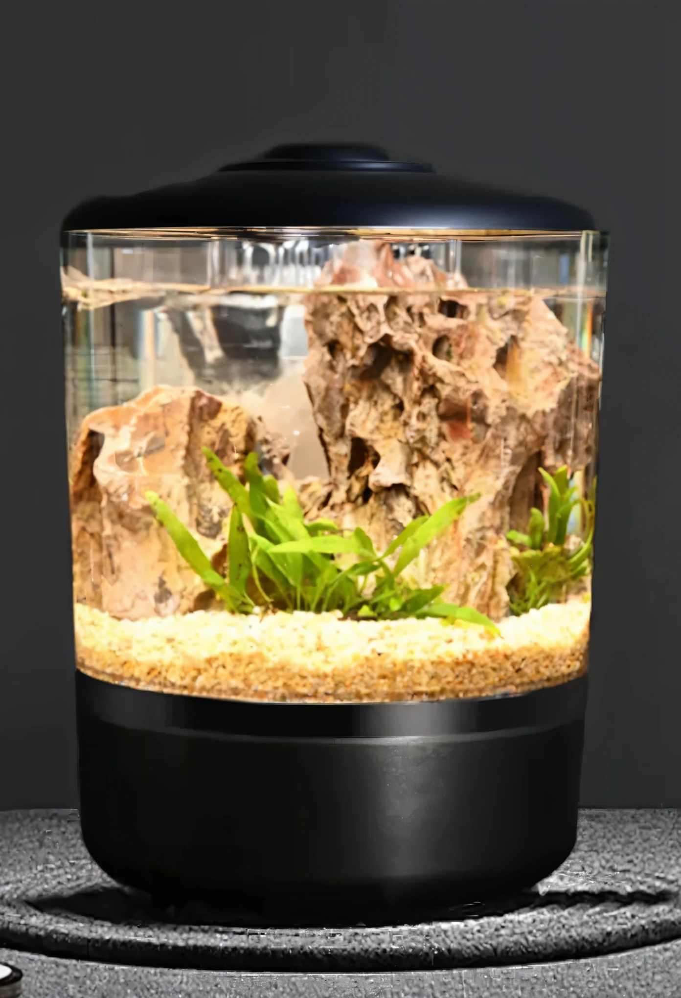 A black matte metal lid, Soft curves, Simple styling, Bauhaus, best quality, UHD, masterpiece, 4K, 8k, high details, high quality,there is a Fish Tank with a rock and plants in it, Drying the Aquarium, water flows inside the Terrarium, Fish Tank, Rock group aquascape, large Terrarium, Bottom lighting, Terrarium, Naturalistic approach, In a short round glass vase, ecosystem, filled with plants and habitats, gecko sitting inside a Terrarium,