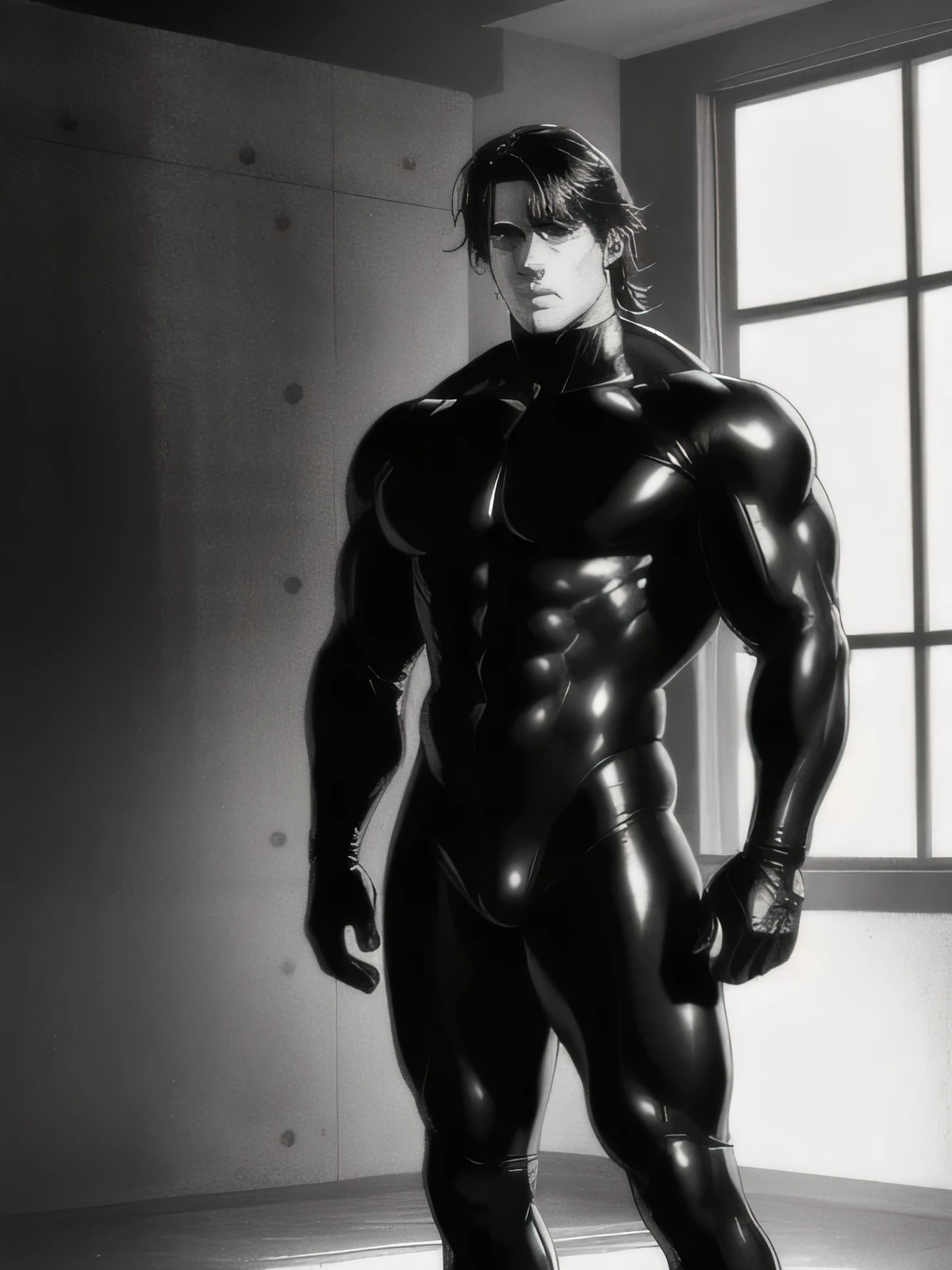 best quality, high resolution, manga, monochrome, handwritten style, hunk, black bodysuit, wet clothes, from front, lower body only, sunlight, standing, naked,