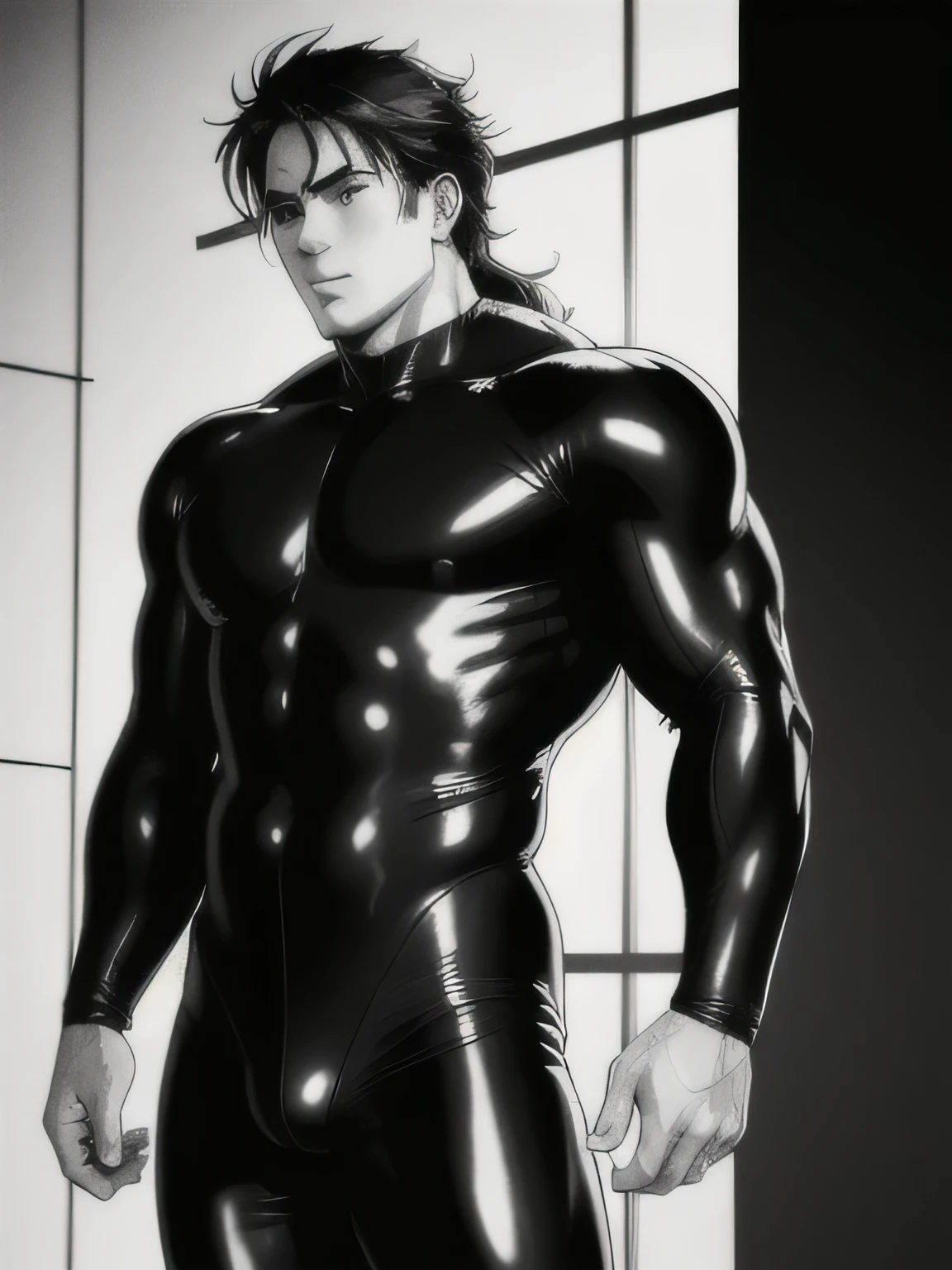 best quality, high resolution, manga, monochrome, handwritten style, hunk, black bodysuit, wet clothes, from front, lower body only, sunlight, standing, naked,