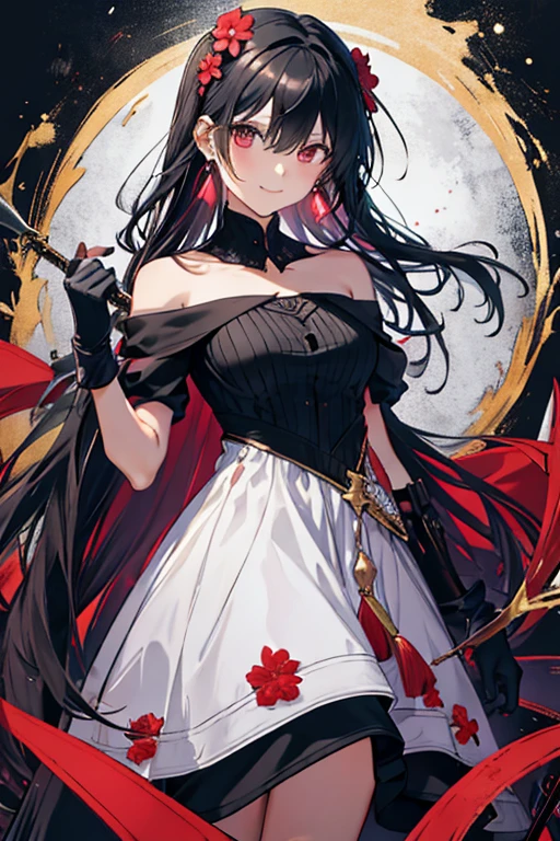 yor briar, anime style beutiful woman, 1girl, happy, smile, red face, closed mouth, beautiful detailed eyes, super detailed skin, backlighting, bare shoulders, black background, black dress, black gloves, black hair, breasts, dress, earrings, fingerless gloves, floating hair, floral print, flower, gloves, gold earrings, gold hairband, hair flower, hair ornament, hairband, holding, holding weapon, jewelry, large breasts, long hair, looking at viewer, off-shoulder dress, off shoulder,red eyes, short hair with long locks, sidelocks, solo, spikes, thighs, two-sided dress, two-sided fabric, weapon, fighting stance , face, close up, from above, highest quality, high resolution.