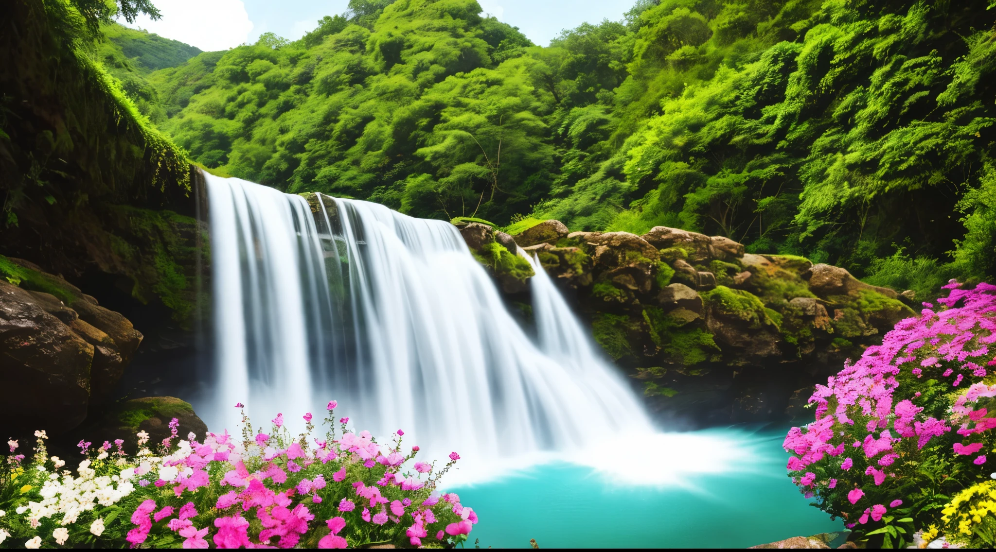 a close up of a majestic waterfall with a bunch of flowers in the foreground, flowers and waterfalls, beautiful waterfall, beautiful stunning waterfall, peaceful beautiful waterfall, beautiful nature, stunning waterfall, The beauty of natural scenery, Scenic and colorful environment, waterfall(beautiful, waterfall background, a beautiful landscape, beautiful natural background, really beautiful nature, beautiful landscape, beautiful scenic landscape, beautiful eden garden