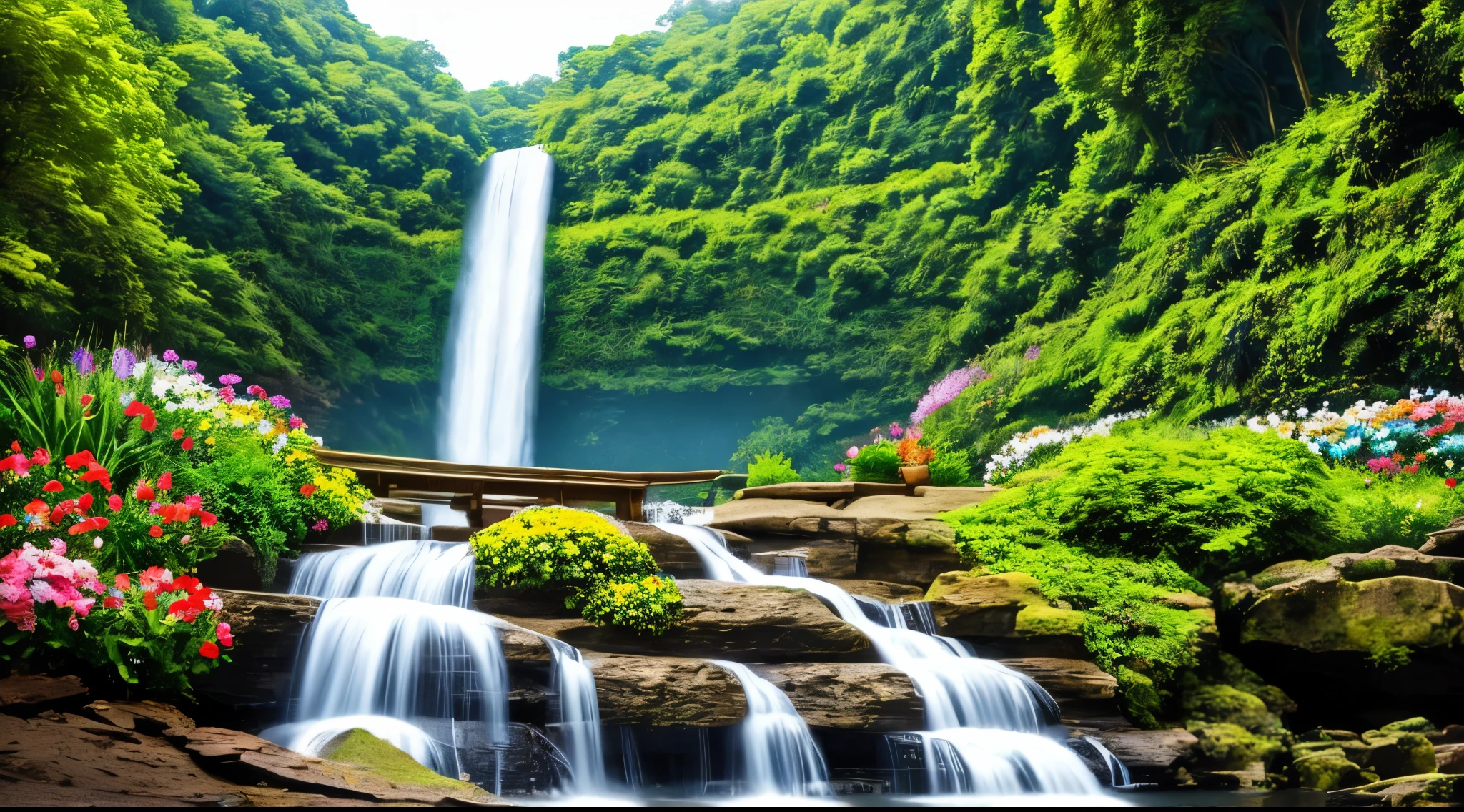 a close up of a majestic waterfall with a bunch of flowers in the foreground, flowers and waterfalls, beautiful waterfall, beautiful stunning waterfall, peaceful beautiful waterfall, beautiful nature, stunning waterfall, The beauty of natural scenery, Scenic and colorful environment, waterfall(beautiful, waterfall background, a beautiful landscape, beautiful natural background, really beautiful nature, beautiful landscape, beautiful scenic landscape, beautiful eden garden