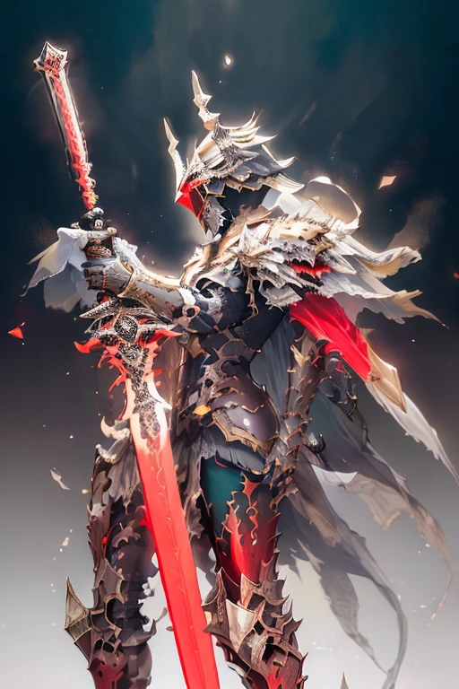 (masterpiece, top quality, best quality, official art, beautiful and aesthetic:1.2),(8k, best quality, masterpiece:1.2),CGDivineSwordsw, weapon, armor, solo, holding, horns, glowing, sword, 1boy, holding weapon, planted, male focus, glowing weapon, standing, helmet, gauntlets, holding sword, glowing sword, planted sword, shoulder armor, gradient, gradient background, greaves, pauldrons, (red glow:1.3),