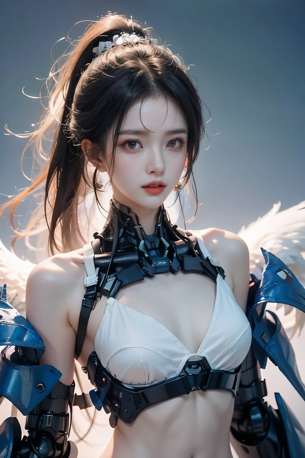 tmasterpiece,Best quality at best,A high resolution,16K,(portrait),(Close up of avatar),(RAW photogr),real photograph,digital photography,(cyberpunk queen),14-year-old girl,long ponytail hairstyle,By bangs,(pink and silver gradient hair),(Glowing emerald green eyes),Devil Eyes,Serious and charming,lightning glowing electronic components,silver wires and tubes connect the body,Complex light blue electronic texture,Weird technology symbols,Black round forehead symbol,Luxurious mechanical crown,Keep your mouth shut,(The chest is covered with a thin piece of cotton fabric that conveys the soft texture of a real human breast.),Photo pose,cyber punk perssonage,Future Style,Dawn Background,Shoulder exposed,Navel exposed,Flat Chest,Small breasts,Small breasts,Small waist,Small Ass,Thin legs,Leaner figure,Slim figure,Glowing blue eyes,Confidence,Thin, sharp, and bold, upturned eyes,The background is a futuristic city,Beautiful city background at sunrise,The skin is exposed on the shoulders.,The skin on the neck is exposed,The shoulders have exposed skin.,The skin on the neck is exposed,The light of the sunrise brightens my face,The neck is exposed and not covered by the suit,Her belly button is also exposed and not covered by the suit.,small waist width,The butt is very small,The legs are very thin,Both legs are thin,Chest shakes,breasts are small,Healthy reddish skin tone,Angel Fairy,The night has broken and the blue sky is spreading out in the distance,The background is a bright morning and blue sky,Highly effective weapons for combat are attached to key points on the arms.,
