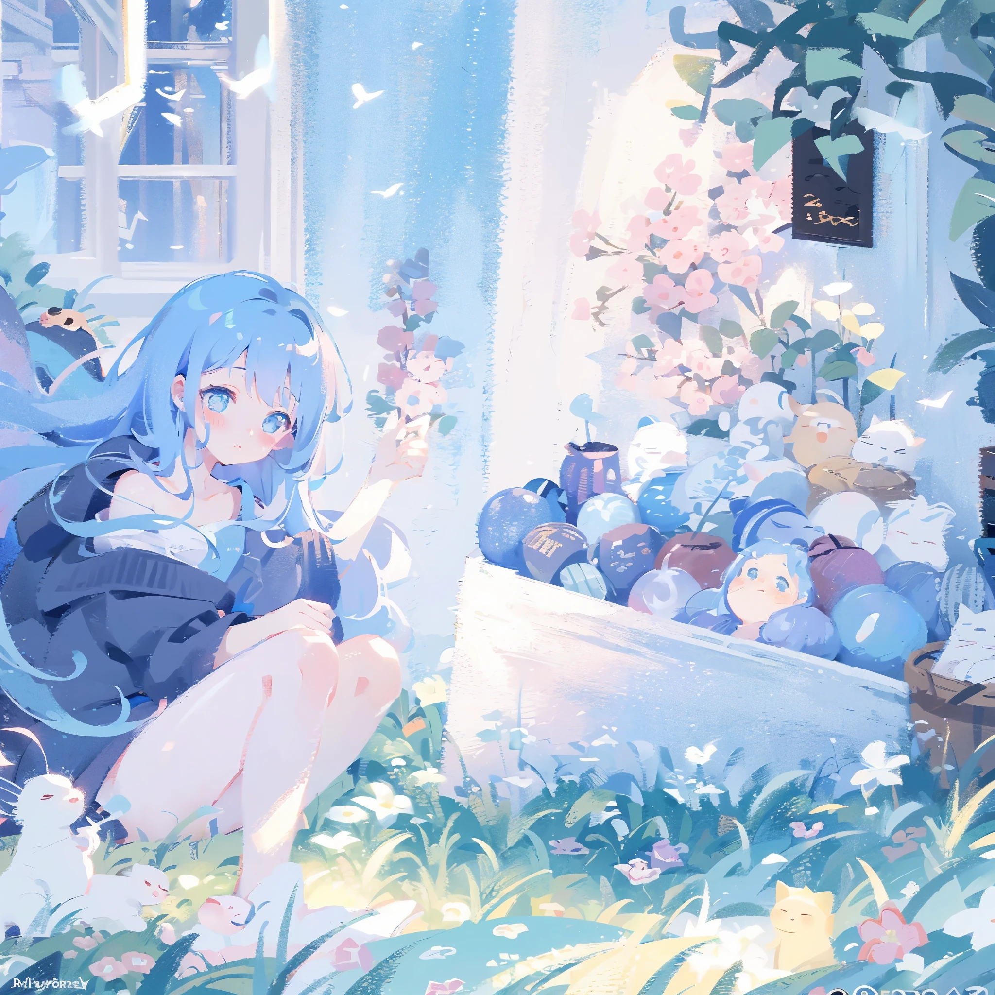 Masterpiece, best quality, extremely detailed, (illustration, official art: 1.1), 1 girl, ((light blue long hair))), light blue hair, 10 years old,  ((blush)), cute face, big eyes, masterpiece, best quality, ((a very delicate and beautiful girl)))), amazing, beautiful detailed eyes, blunt bangs (((little delicate girl)))), tareme (true beautiful: 1.2),Official art、Top quality ultra-detailed CG art、a beauty girl：１.２）、(best quality,ultra-detailed,photorealistic),cat,eating,milk,Scottish fold, sunlight,window,relaxing,comfortable,cozy,curiosity,whiskers,furry,curled up,tail,playful,mischief,domesticated,pet,curious gaze,subtle shadows,calm,beautiful,peaceful,quiet,vibrant,touchable fur,serene,window sill,gentle warmth,beam of light,leisurely,lazy afternoon,tranquil scene.
