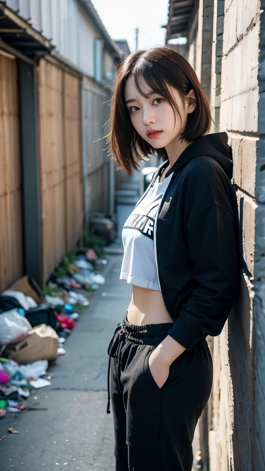 18-year-old,Korean women,((((Back alley wall,Standing in front of a wall)))),(((Dirty neon street at night))),(((Facing forward))),(((Frowning,カメラをGlaring))),(Very fine eye),I can't see my stomach, (((Wearing a long black hoodie,Wearing baggy pants))),(((Collapsing Building))),(((old buildings))),((photograph)),((A woman near a garbage dump)),(((Fabric Shading))), (((highest quality))), (((masterpiece))) strong girl, ((((Realistic)))), I have a card,Black Hair, chic hairstyle, ((With bangs,Straight medium bob cut, nice hair)), Light makeup,Red eyes, (((I&#39;m not wearing lipstick))), (nice, strong), (((Strong night atmosphere))), Centered Images, Looking at the camera, Elegant colors,Realistic Skin,Realistic texture,８k,whole body,Pale skin, (((Dirty garbage dump))),A huge amount of trash,Red iris,Expressionless,Glaring,Perfect Face,(((Big eyes))),She is wearing wide black baggy pants,Mouth closed, portrait of aespaのウィンター,She is wearing black streetwear, Woman in black streetwear, 黒いハイテクな服を着た女性のphotograph, Girl wearing black hoodie, Cyberpunk Streetwear, Cyberpunk Streetwear street fashion e-girl,