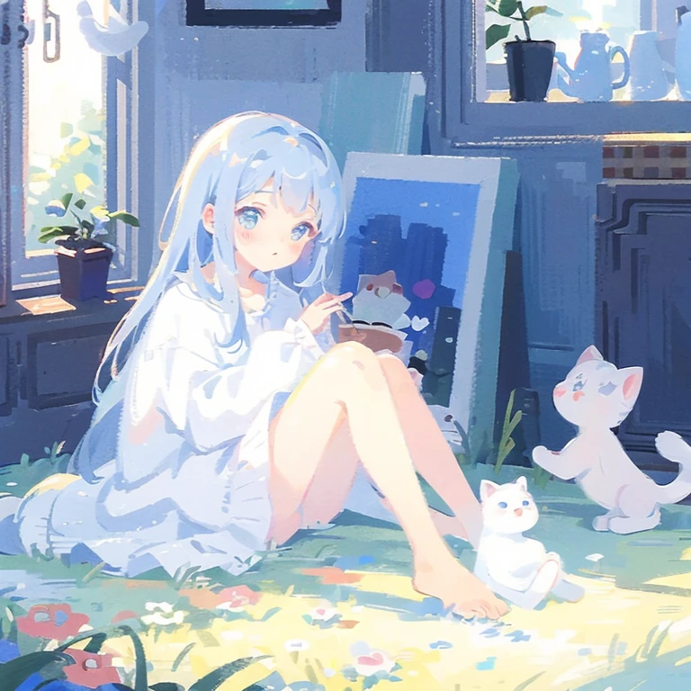 Masterpiece, best quality, extremely detailed, (illustration, official art: 1.1), 1 girl, ((light blue long hair))), light blue hair, ,  ((blush)), cute face, big eyes, masterpiece, best quality, ((a very delicate and beautiful girl)))), amazing, beautiful detailed eyes, blunt bangs (((little delicate girl)))), tareme (true beautiful: 1.2),Official art、Top quality ultra-detailed CG art、a beauty girl：１.２）、(best quality,ultra-detailed,photorealistic),cat,eating,milk,Scottish fold, sunlight,window,relaxing,comfortable,cozy,curiosity,whiskers,furry,curled up,tail,playful,mischief,domesticated,pet,curious gaze,subtle shadows,calm,beautiful,peaceful,quiet,vibrant,touchable fur,serene,window sill,gentle warmth,beam of light,leisurely,lazy afternoon,tranquil scene.(((girl whith big white cat)))