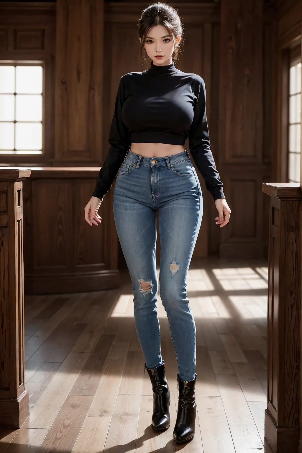 (((full image:1.5, show full body, standing:1.8, facing viewer, the front body facing directly to the front of camera, show body from head to toe))), huge breast:1.5, tall body,slim body:1.1, fit body, pale skin, short hair with updo, ((standing)), a woman wearing long sleeves shirt, wearing tight jeans, show boots heels. High quality:1.3, Professional lighting:2.0, realistic:1.2, 4k resolution, detailed skin, finely detail, masterpiece:1.1, centered image, indoor at studio.