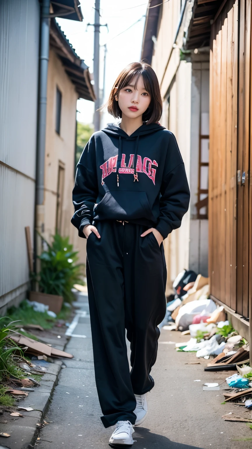 18-year-old,Korean women,((((Back alley wall,Standing in front of a wall)))),(((Dirty neon street at night))),(((Facing forward))),(((Frowning,カメラをGlaring))),(Very fine eye),((I can't see my stomach)), (((Wearing a long black hoodie,Wearing baggy pants))),(((Collapsing Building))),(((old buildings))),((photograph)),((A woman near a garbage dump)),(((Fabric Shading))), (((highest quality))), (((masterpiece))) strong girl, ((((Realistic)))), I have a card,Black Hair, chic hairstyle, ((With bangs,Straight medium bob cut, nice hair)), Light makeup,Red eyes, (((I'm not wearing lipstick))), (nice, strong), (((Strong night atmosphere))), Centered Images, Looking at the camera, Realistic Skin,Realistic texture,8k,whole body,Pale skin, (((Dirty garbage dump))),A huge amount of trash,Red iris,Expressionless,Glaring,Perfect Face,(((Big eyes))),Wide black baggy pants,Mouth closed, portrait of aespaのウィンター,She is wearing black streetwear, Woman in black streetwear, 黒いハイテクな服を着た女性のphotograph, Girl wearing black hoodie, Cyberpunk Streetwear, Cyberpunk Streetwear street fashion e-girl,