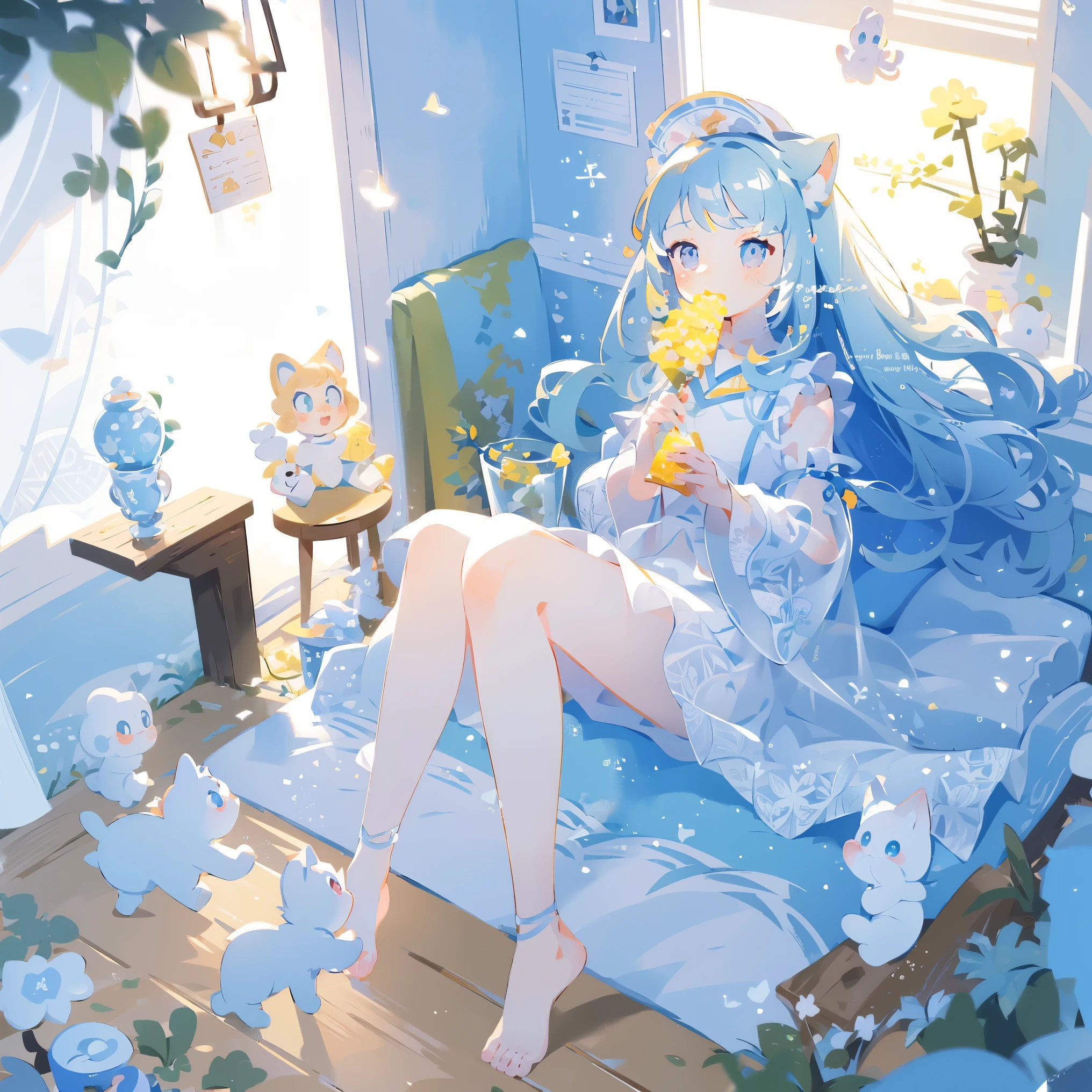 Masterpiece, best quality, extremely detailed, (illustration, official art: 1.1), 1 girl, ((light blue long hair))), light blue hair, 10 years old, ((blush)), cute face, big eyes, masterpiece, best quality, ((a very delicate and beautiful girl)))), amazing, beautiful detailed eyes, blunt bangs (((little delicate girl)))), tareme (true beautiful: 1.2),Official art、Top quality ultra-detailed CG art、a beauty girl:1.2)、lightblue hair、Glossy hair、 ,((highest quality)), ((masterpiece)),white cat,(best quality,ultra-detailed,photorealistic),cat,eating,milk,Scottish fold, sunlight,window,relaxing,comfortable,cozy,curiosity,whiskers,furry,curled up,tail,playful,mischief,domesticated,pet,curious gaze,subtle shadows,calm,beautiful,peaceful,quiet,vibrant,touchable fur,serene,window sill,gentle warmth,beam of light,leisurely,lazy afternoon,tranquil scene.lots of stuffed animalany white cats in the room